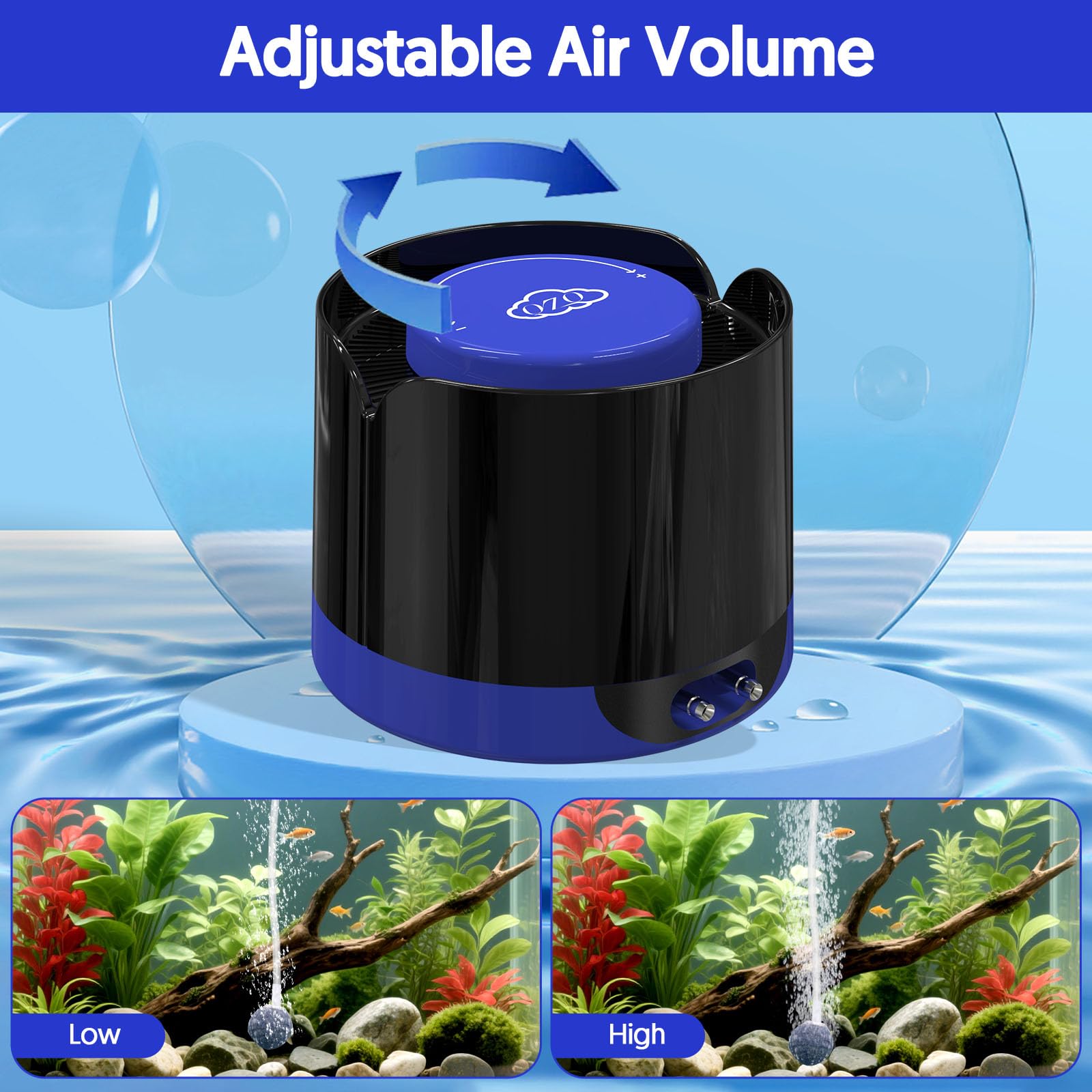 QZQ air pump with stainless steel outlets for durable bubbles.