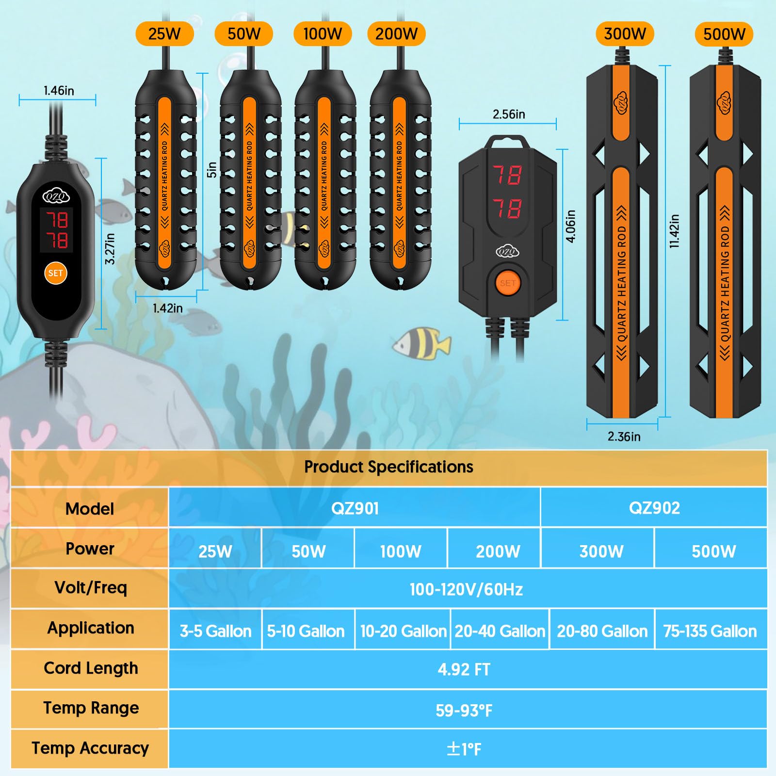 QZQ compact-sized aquarium heater fits tight spaces safely
