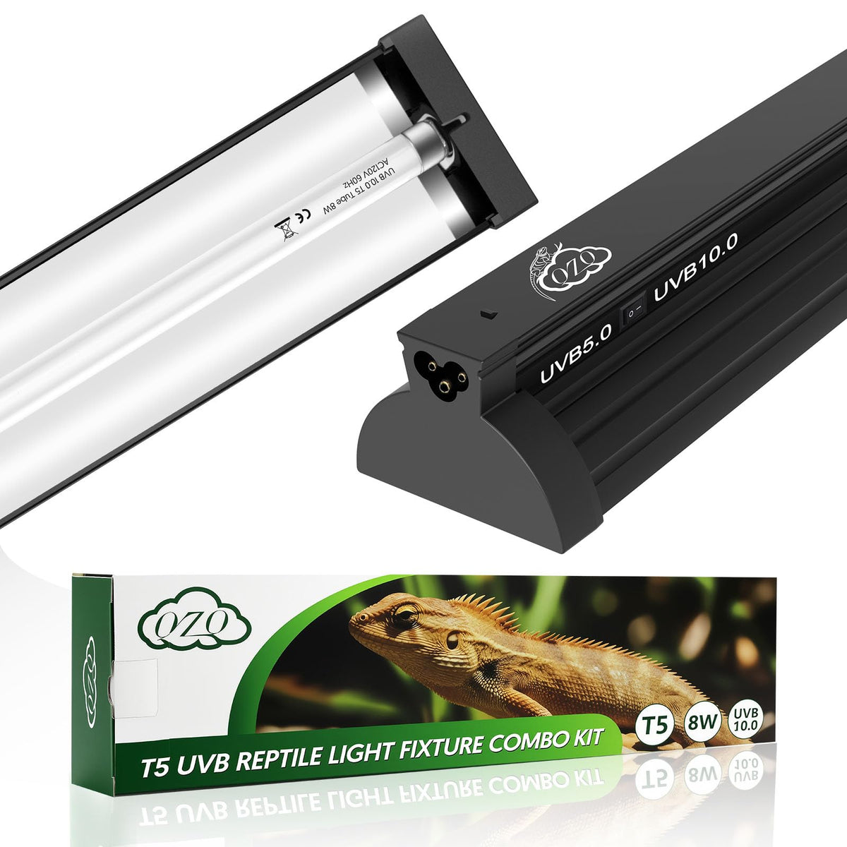 QZQ T5 UVB fixture front view, compact design for easy terrarium installation.