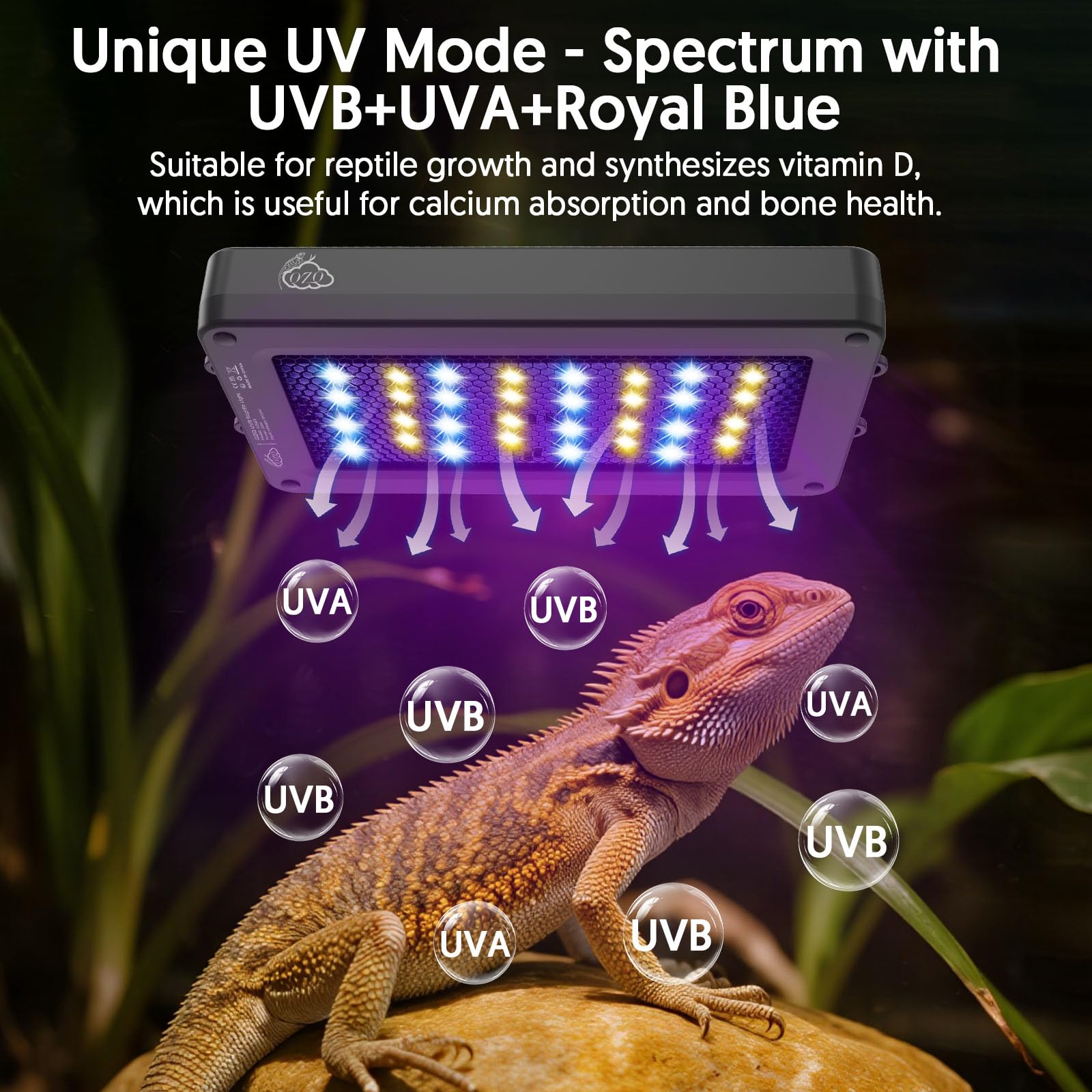 QZQ UVB reptile lamp moonlight mode provides gentle nighttime illumination