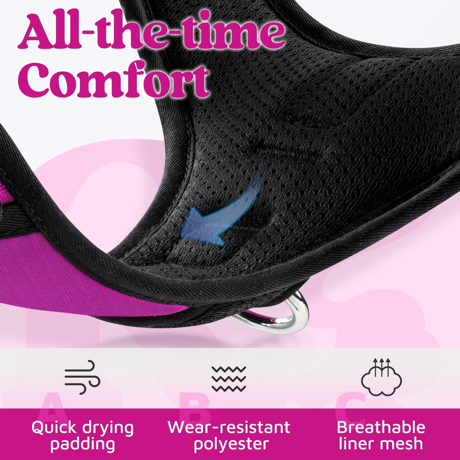 Adjustable sliders on Rabbitgoo harness for a snug fit on growing dogs