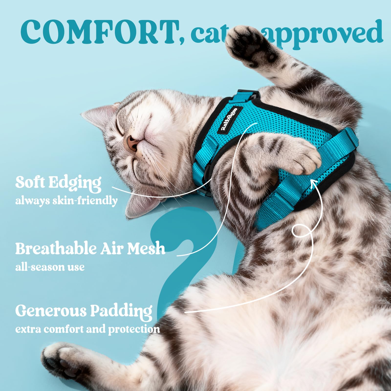 Rabbitgoo air-mesh breathable harness keeps cats cool on sunny outings.