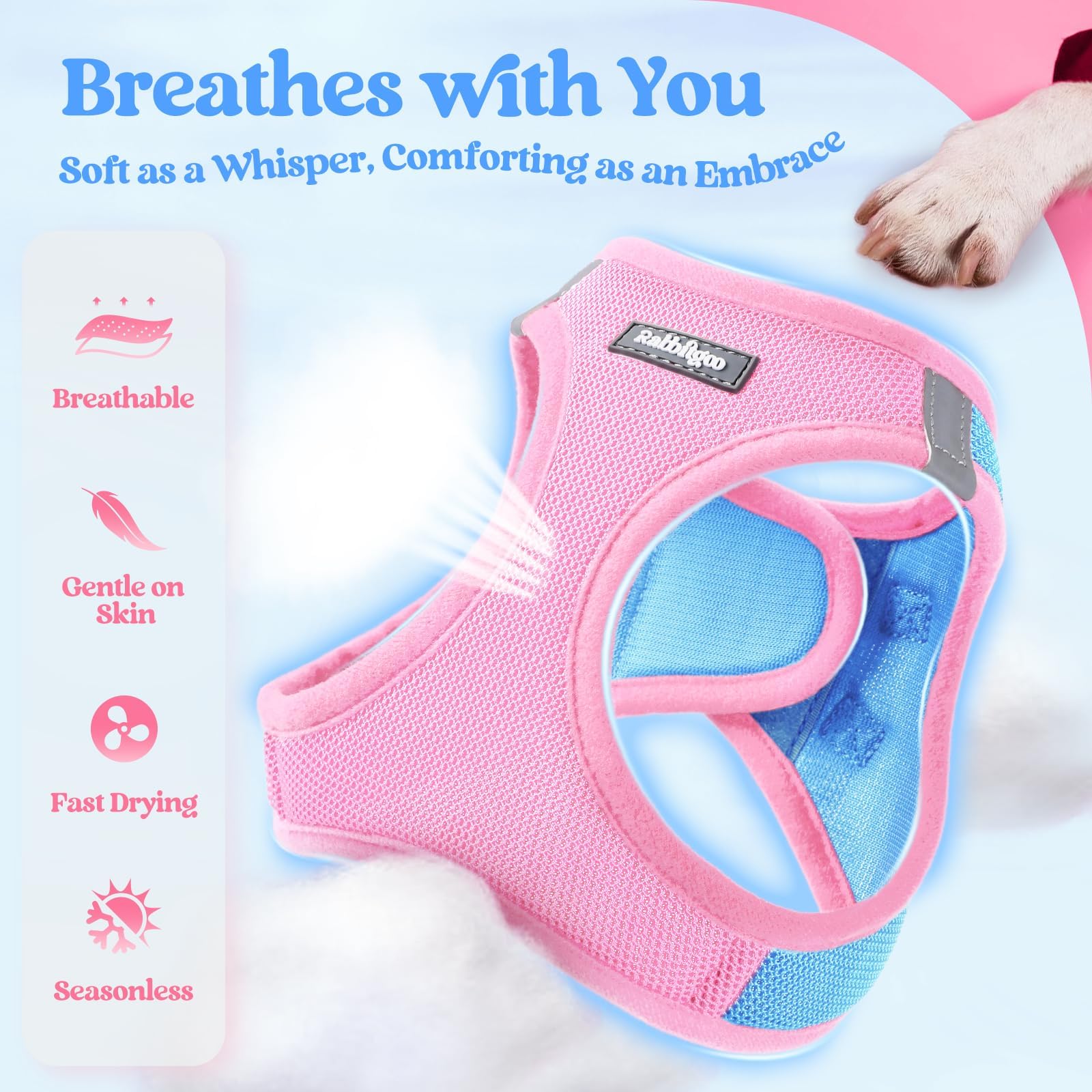 Breathable mesh Rabbitgoo harness in blue keeps small dogs cool