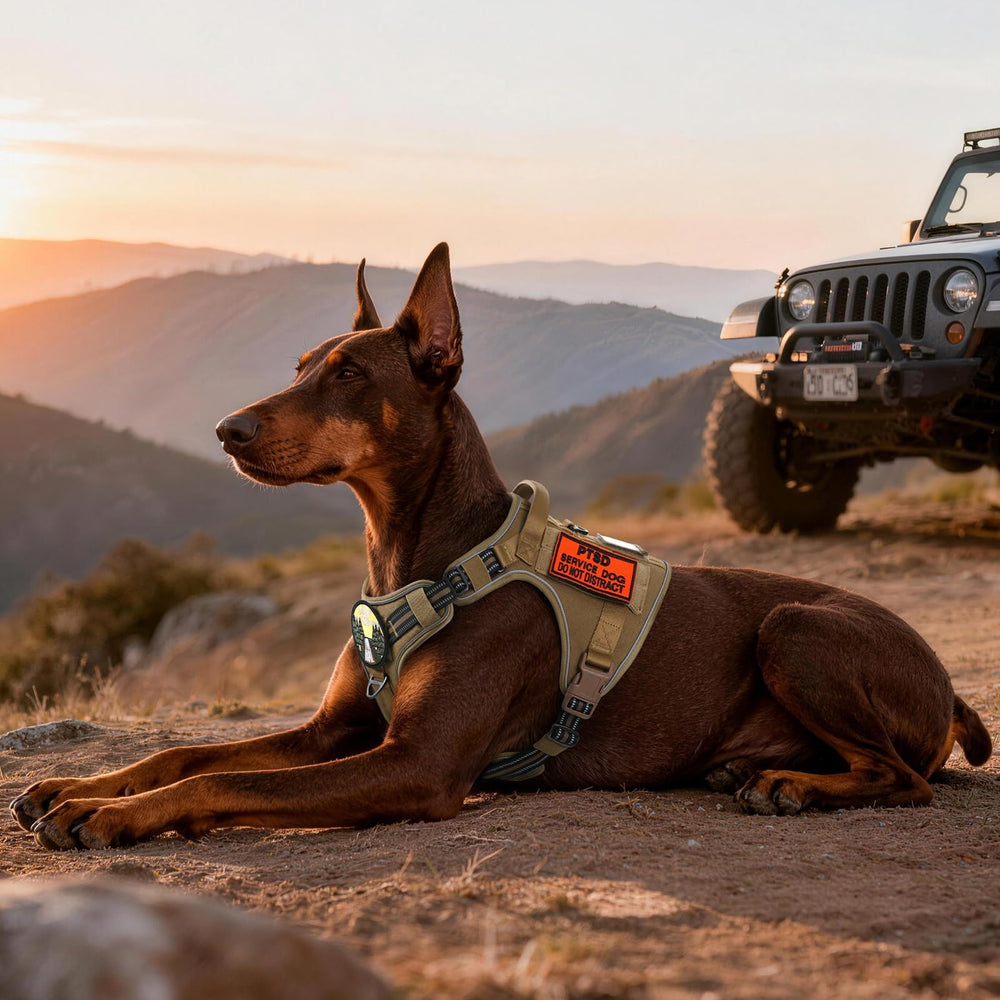 Rabbitgoo brown XL harness worn by a large dog during outdoor work