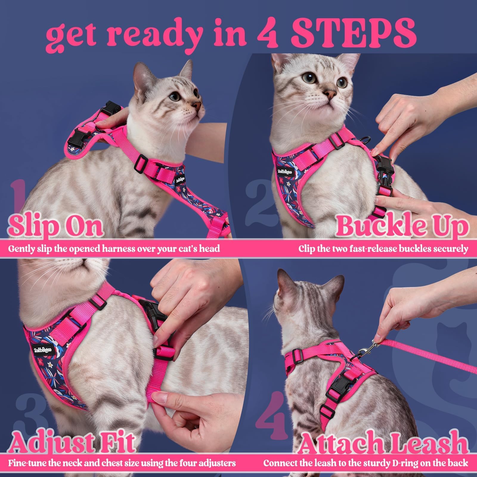 Rabbitgoo adjustable four-straps for a comfortable, secure fit on most cats.