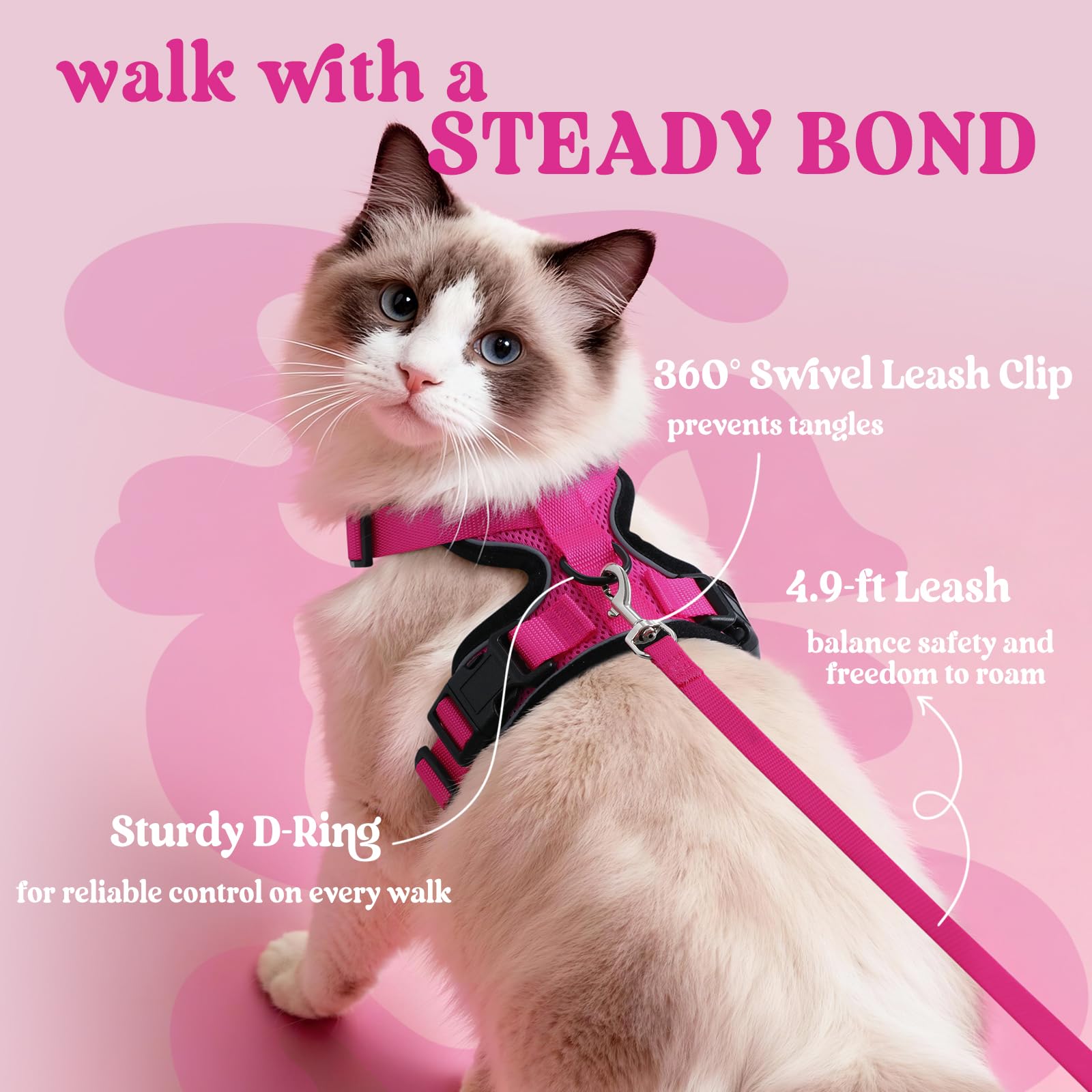 Reinforced back D-ring and dual buckles for secure leash attachment.