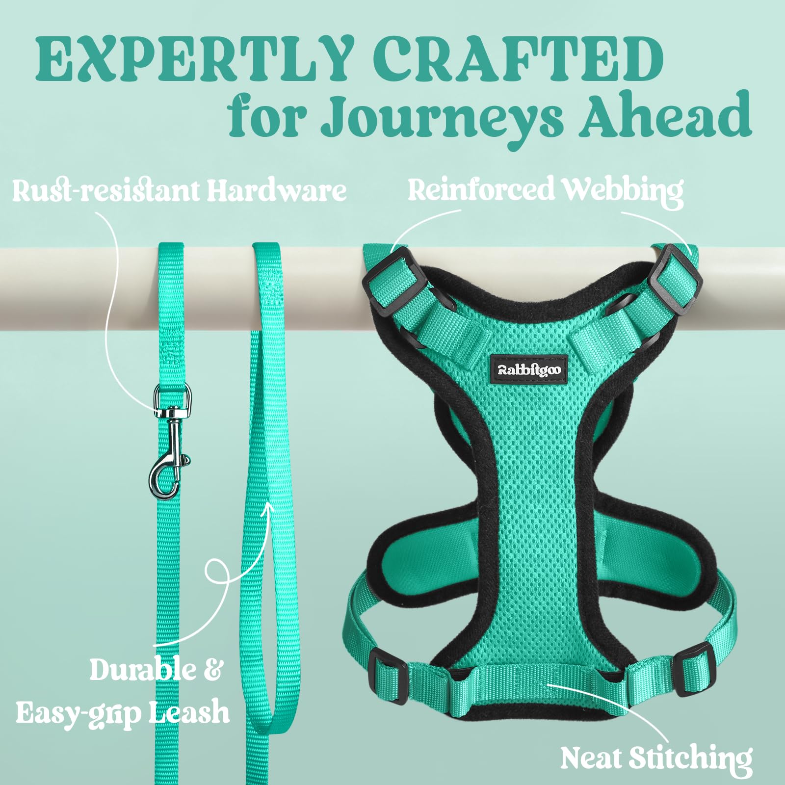 Rabbitgoo easy-on head-through design simplifies harnessing for curious cats.