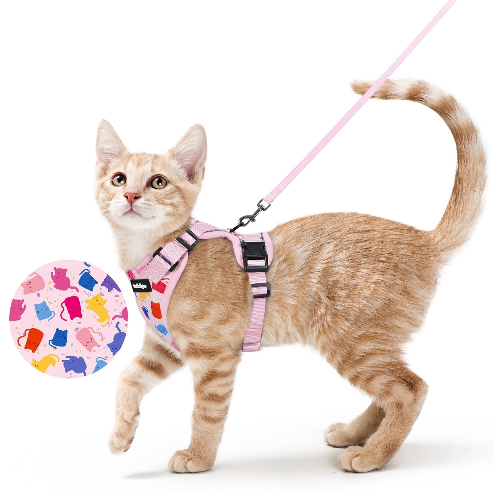 Rabbitgoo cat harness pink, front view for secure, comfortable walking.