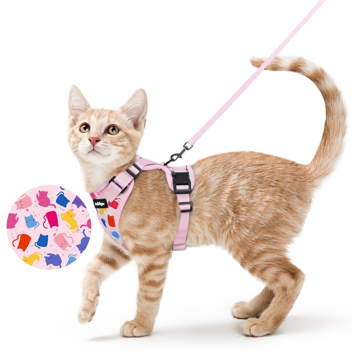 Rabbitgoo cat harness pink, front view for secure, comfortable walking.