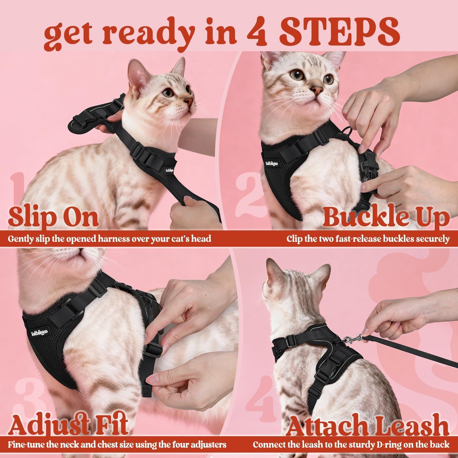 Rabbitgoo cat harness supports indoor moments and outdoor exploration with versatility.