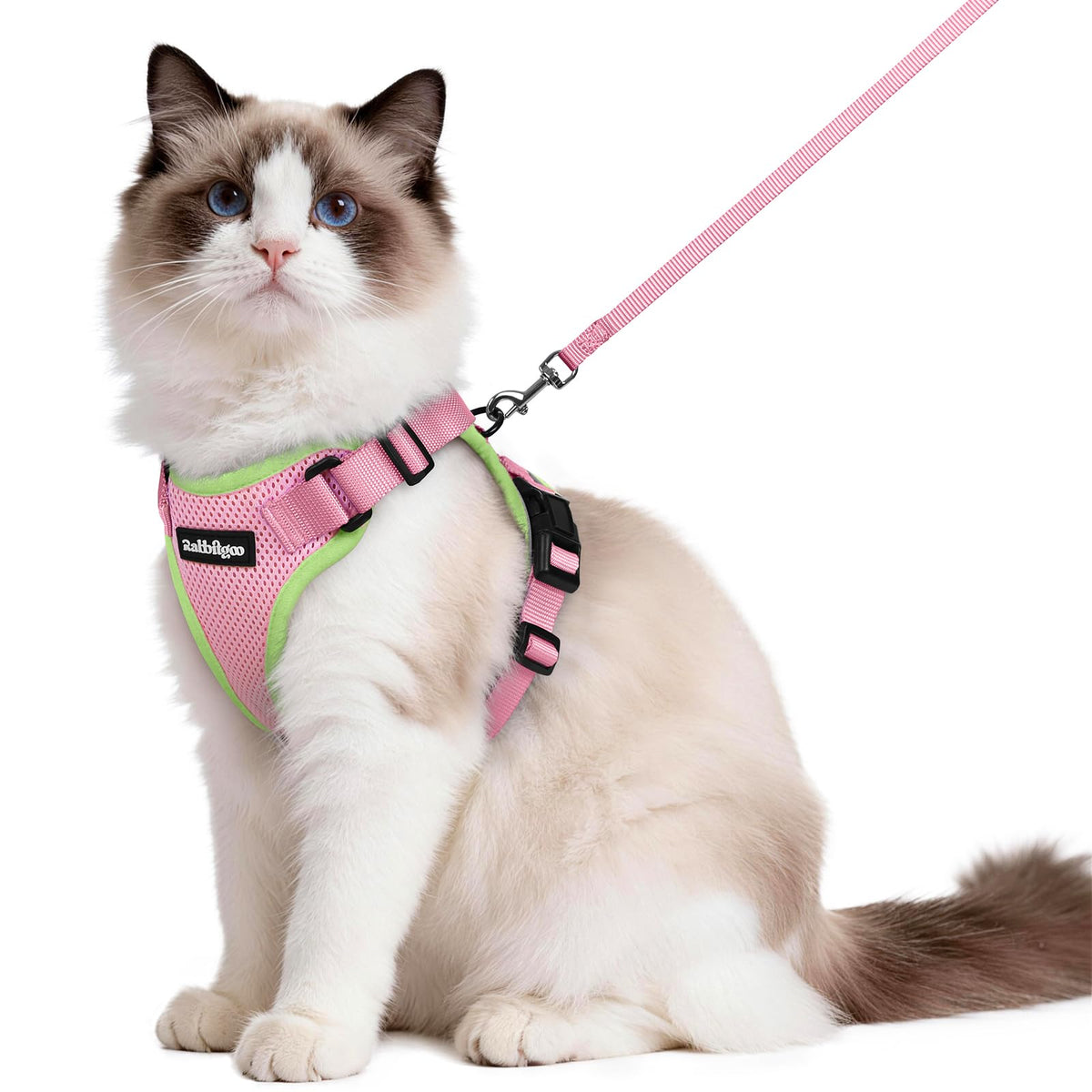 Rabbitgoo cat harness pink soft mesh for breathable comfort during walks.