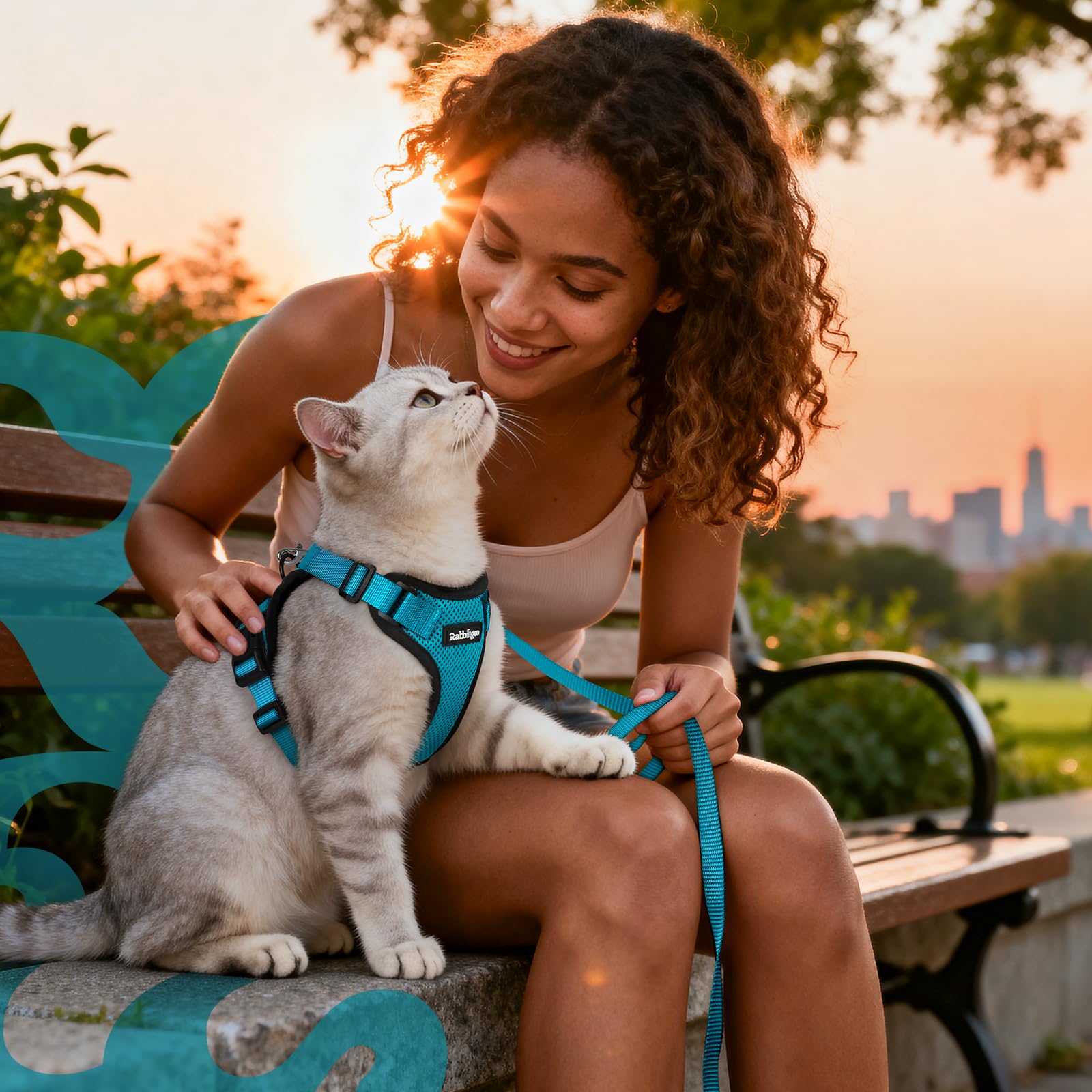 Teal-colored Rabbitgoo cat harness adds stylish visibility.