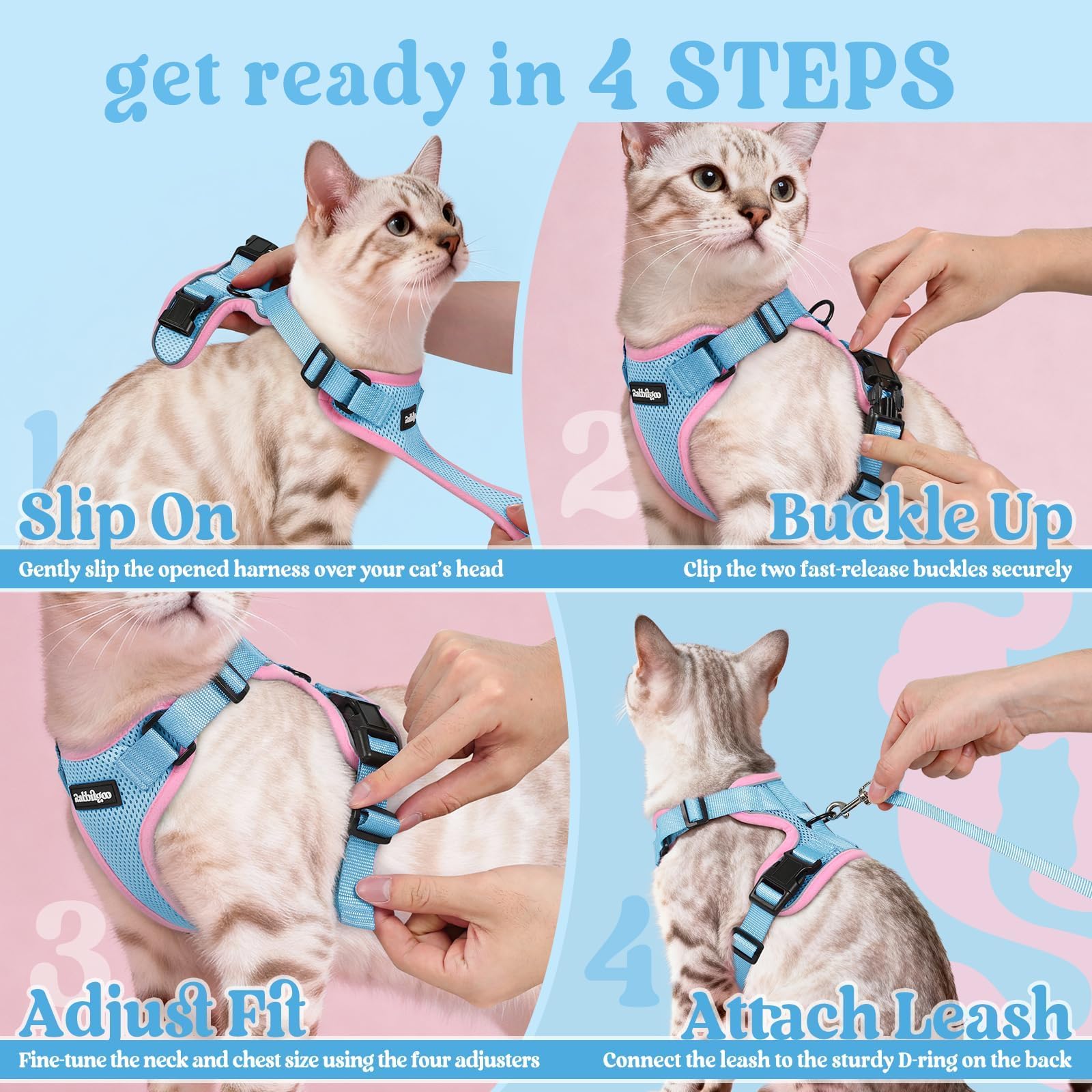 Rabbitgoo cat harness universal fit helps many breeds stay secure.