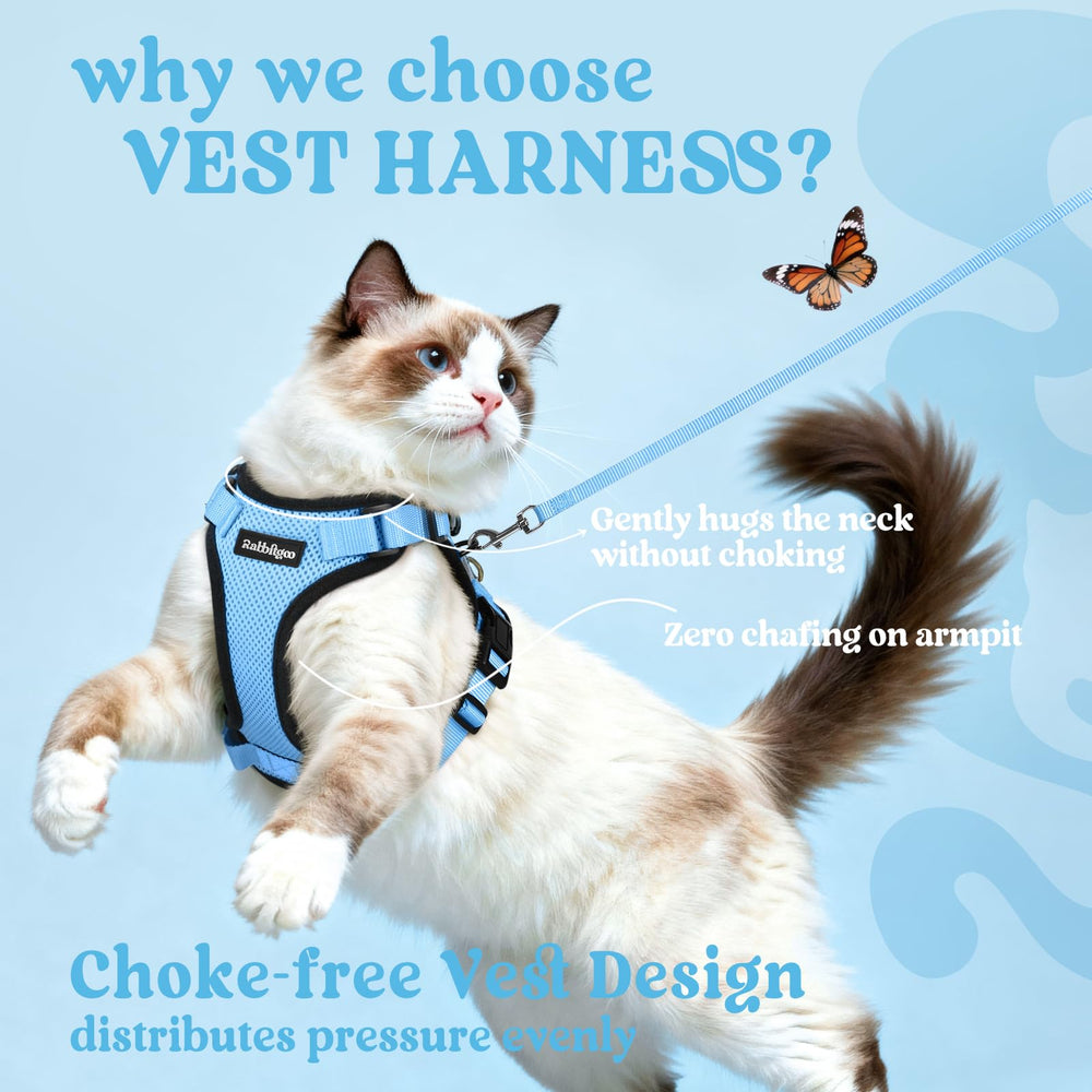 Rabbitgoo cat harness vest design distributes pressure to prevent throat strain.