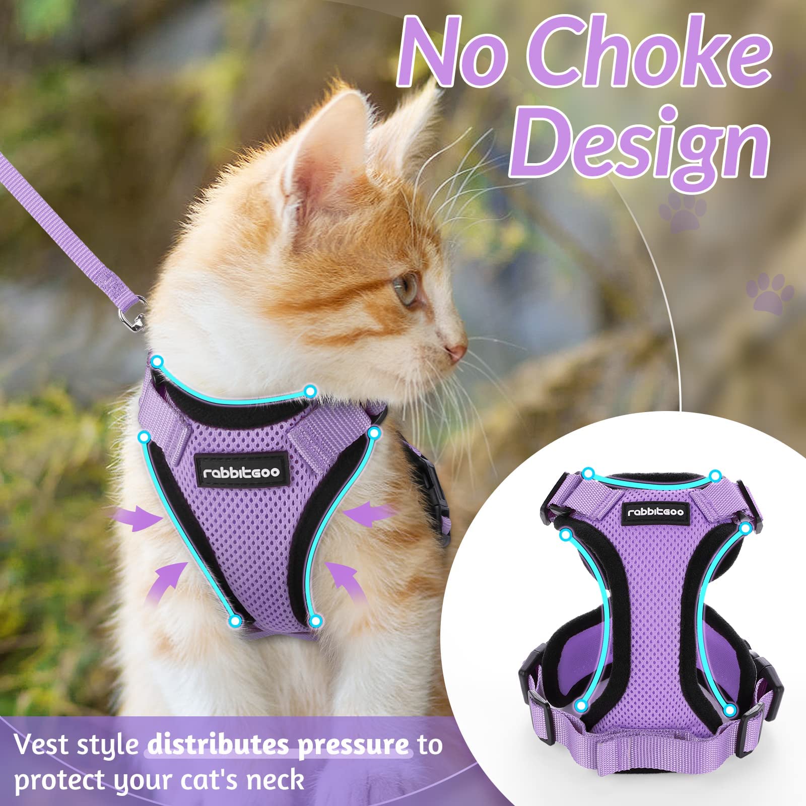 Rabbitgoo cat harness vest design reduces neck pressure for comfort