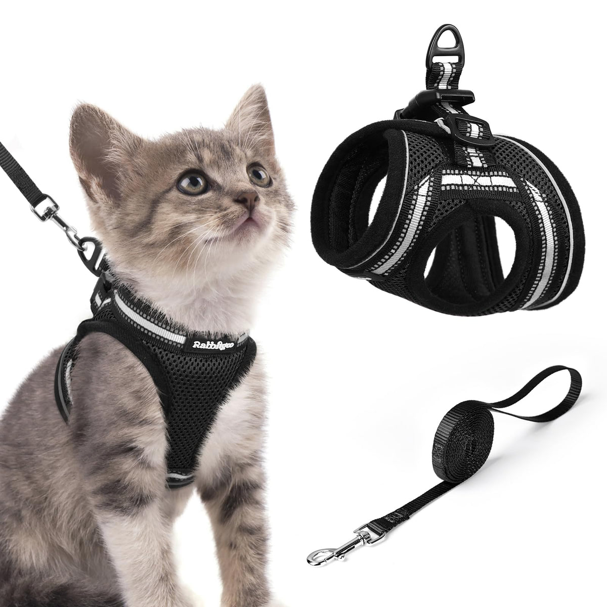 Rabbitgoo cat harness vest closeup showing escape-proof secure fit.