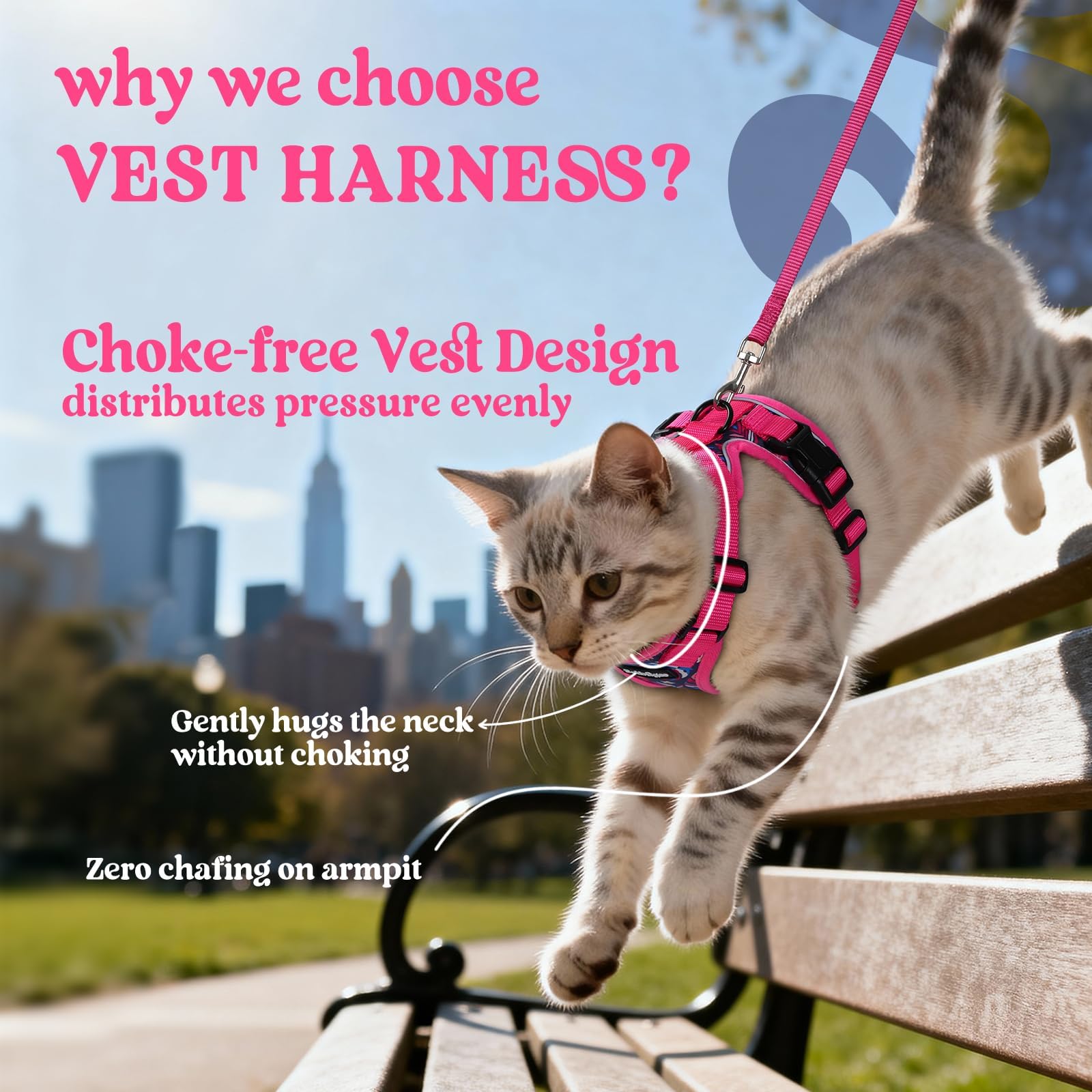 Vest-style Rabbitgoo harness redirects leash pressure away from the throat for comfort.