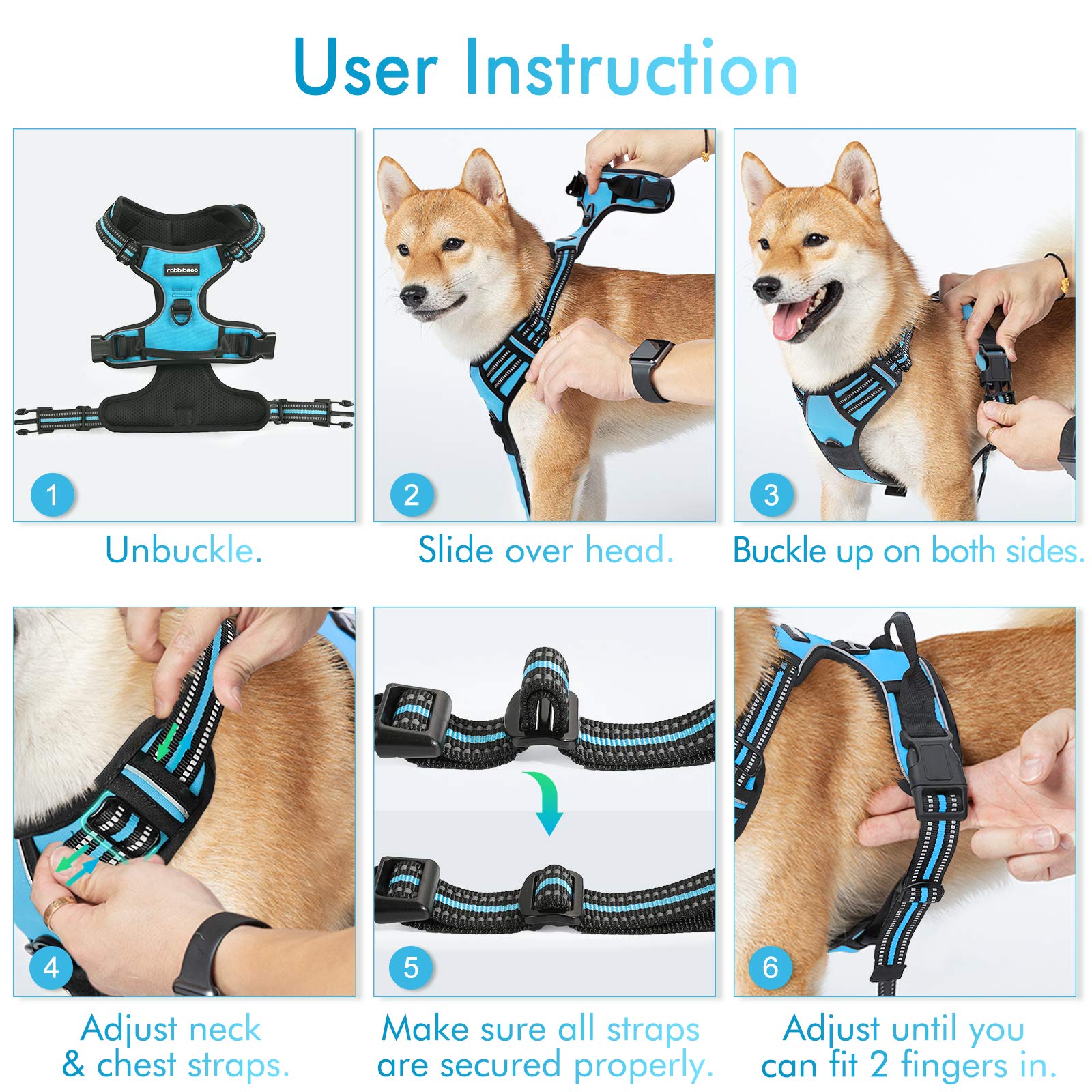 Rabbitgoo blue medium harness highlighting durable Oxford fabric and style.