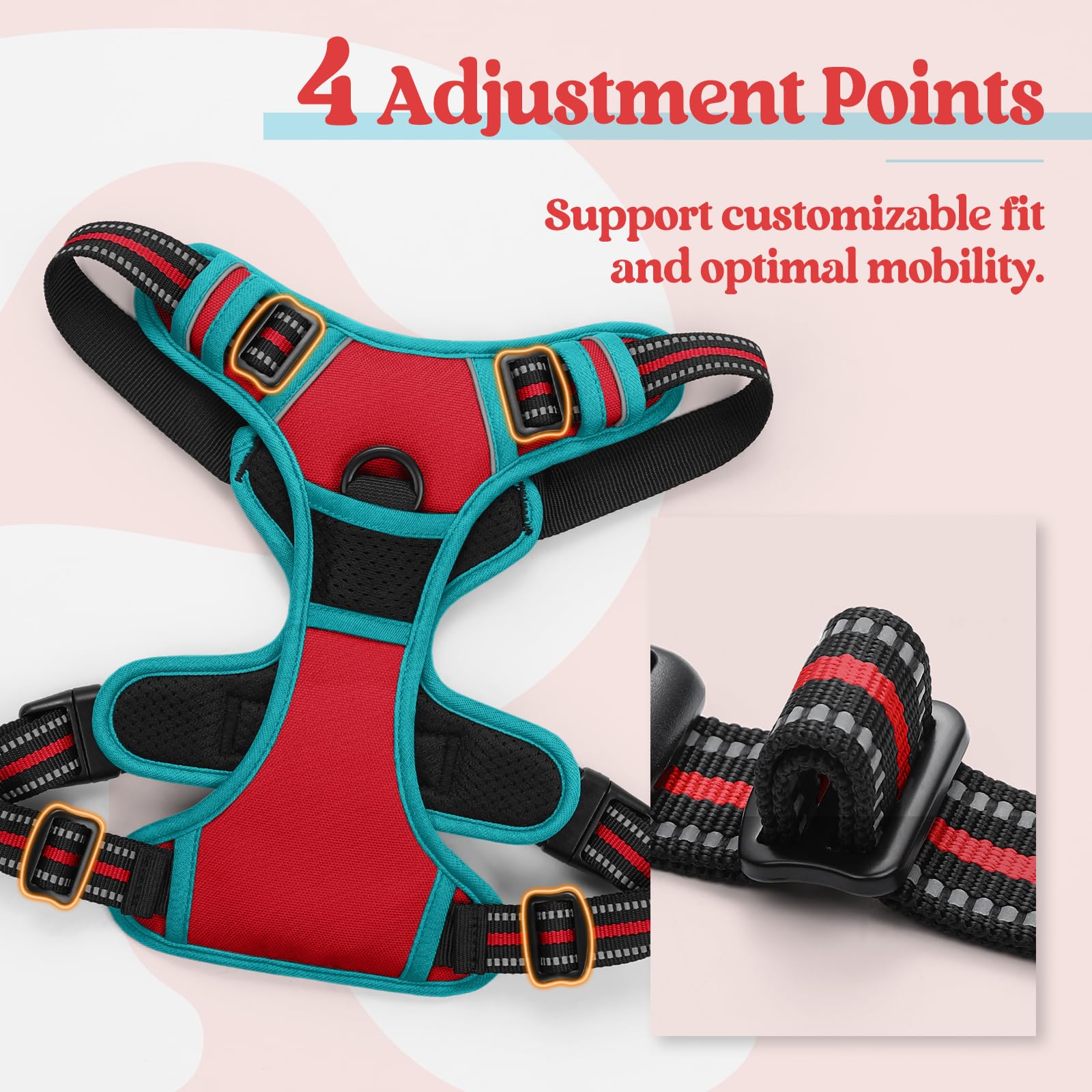 Rabbitgoo harness chest clip close-up demonstrates anti-pull mechanism for smoother walks.