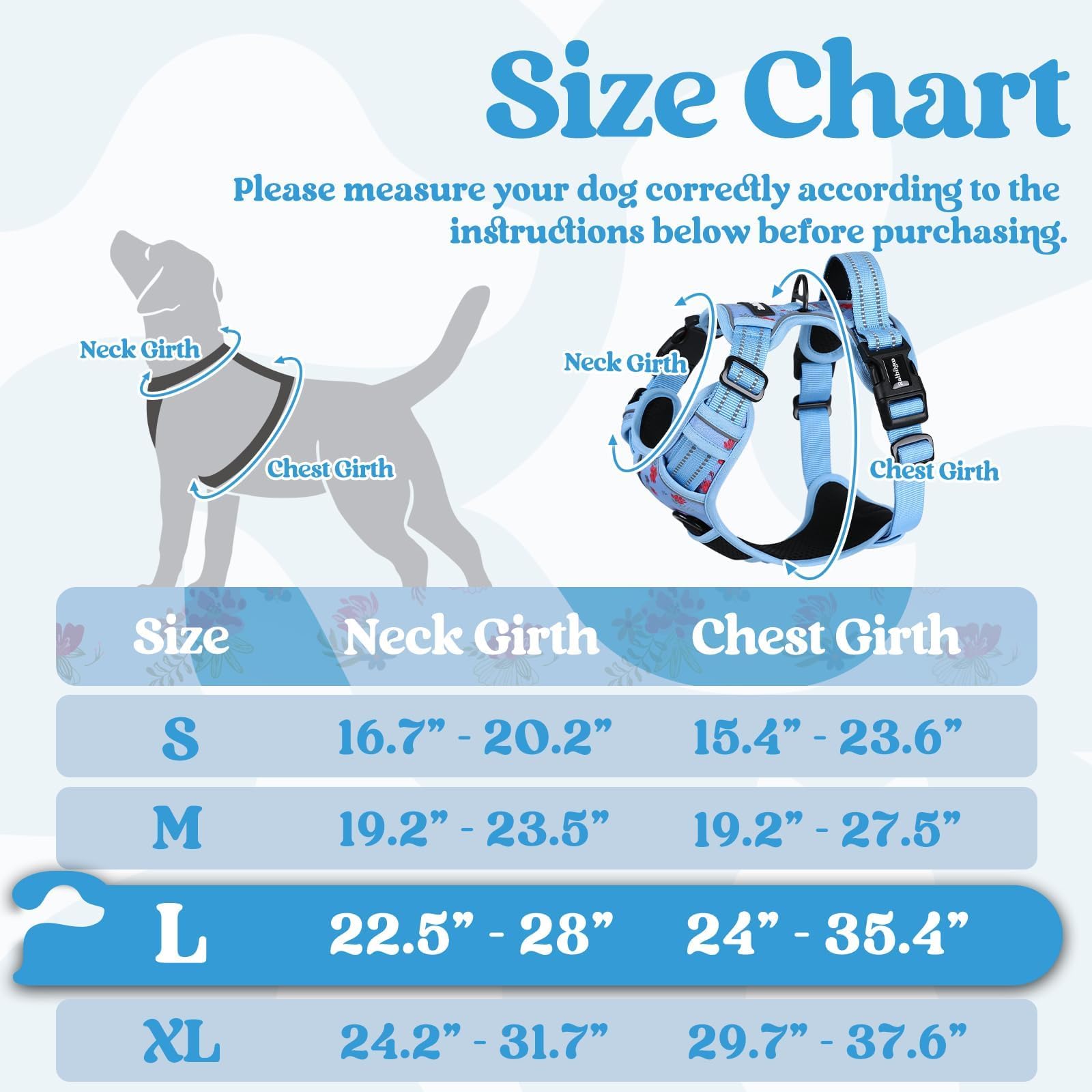 Rabbitgoo floral blue harness back view, secure fit for confident walks