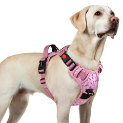 Rabbitgoo dog harness floral pink side view for secure, comfortable walks.