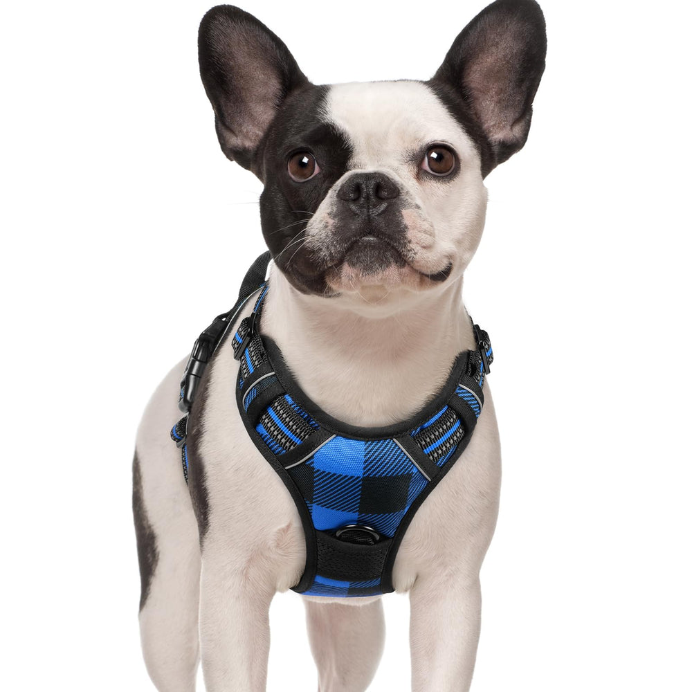 Rabbitgoo No-Pull dog harness front view with blue plaid and secure control