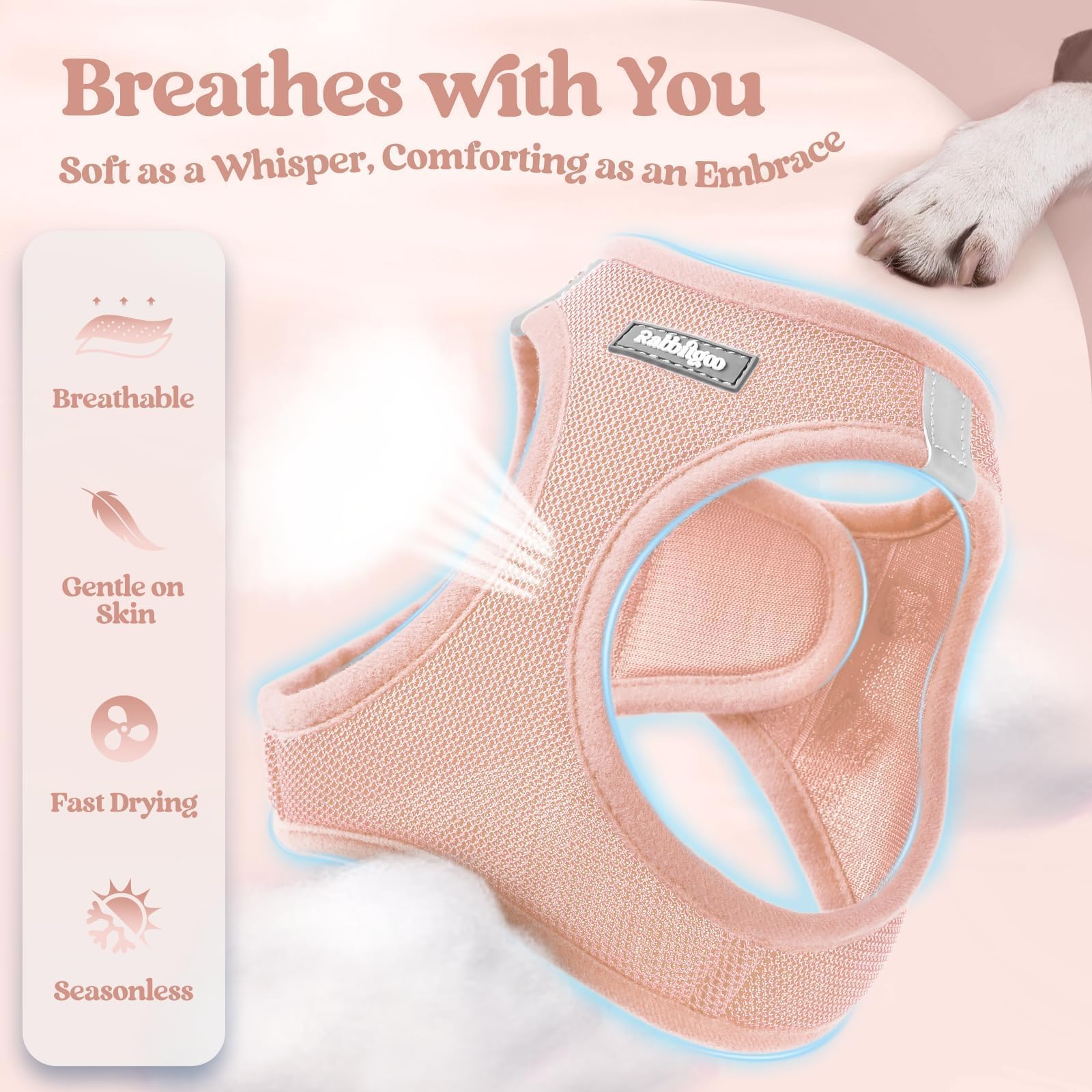 Rabbitgoo leash pink five-foot length complements the harness for controlled outings.