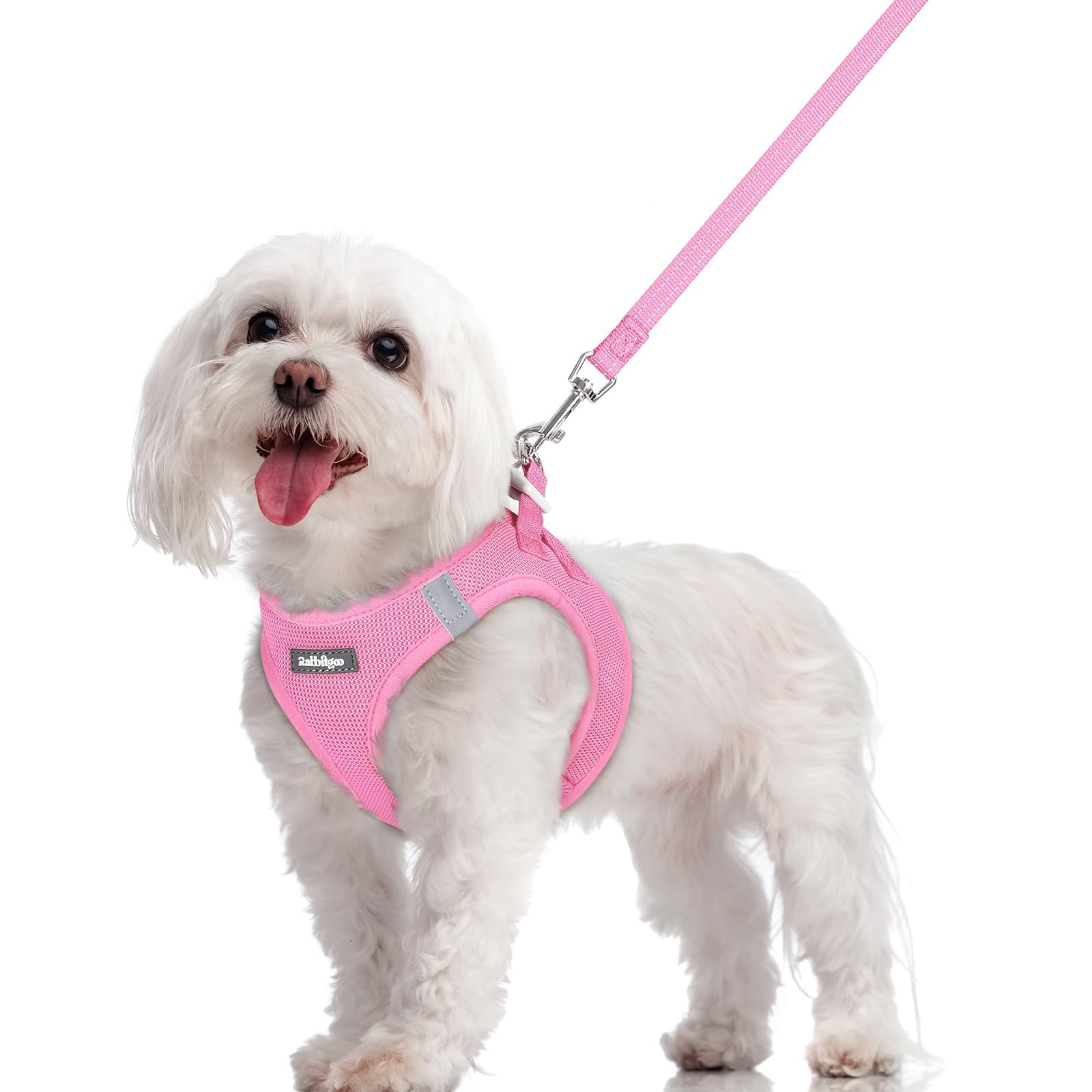 Rabbitgoo step-in harness in light pink with soft mesh for easy fitting on small dogs