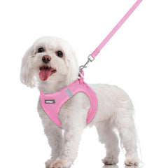 Rabbitgoo step-in harness in light pink with soft mesh for easy fitting on small dogs