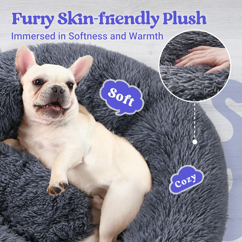 Closeup of Rabbitgoo donut bed shows ultra-plush fabric and generous filling for comfort