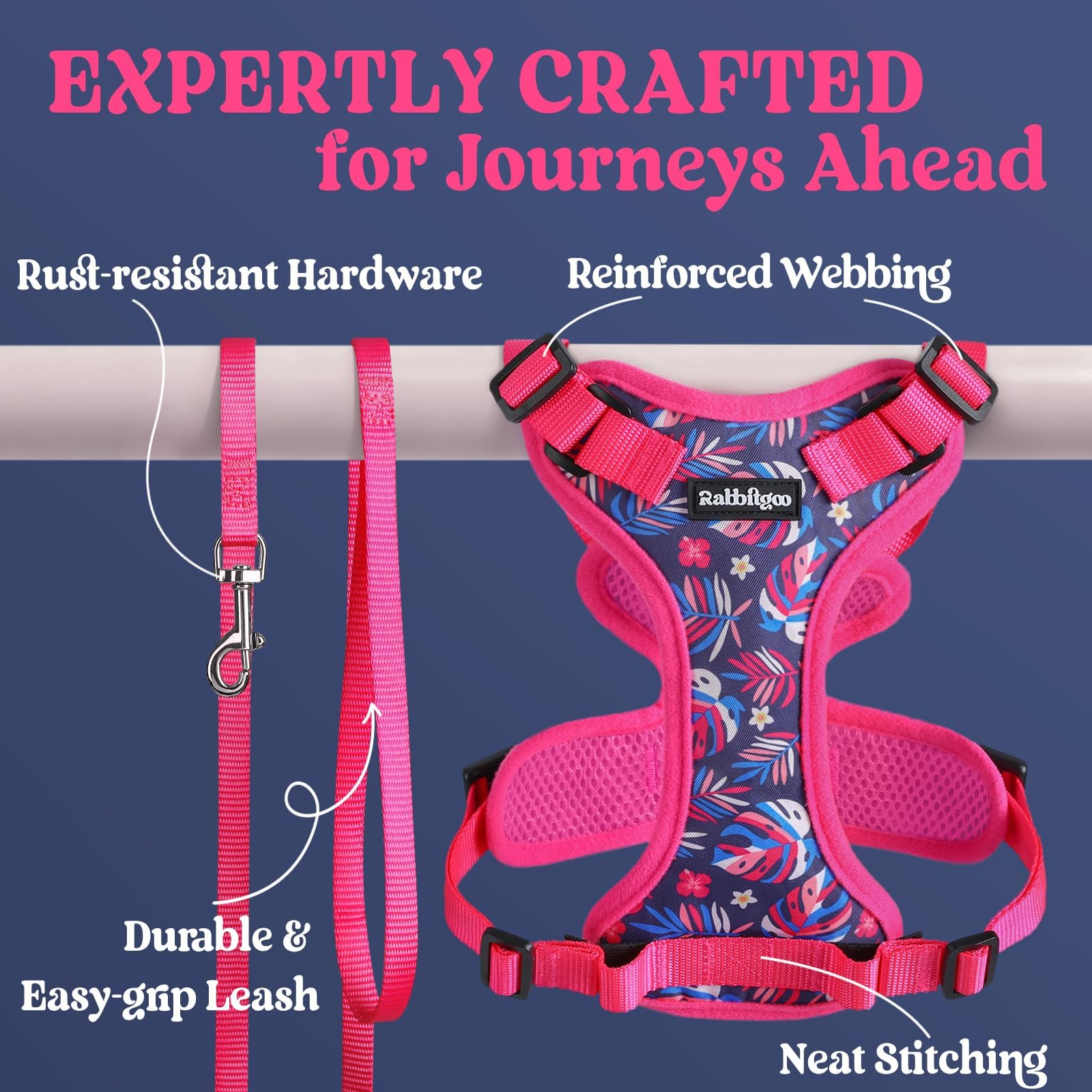 Harness and leash set from Rabbitgoo includes a 4.9 ft leash for outdoor adventures.