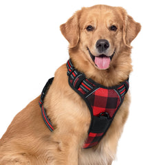 rabbitgoo no-pull harness with chest clip in red plaid for safer, controlled walks