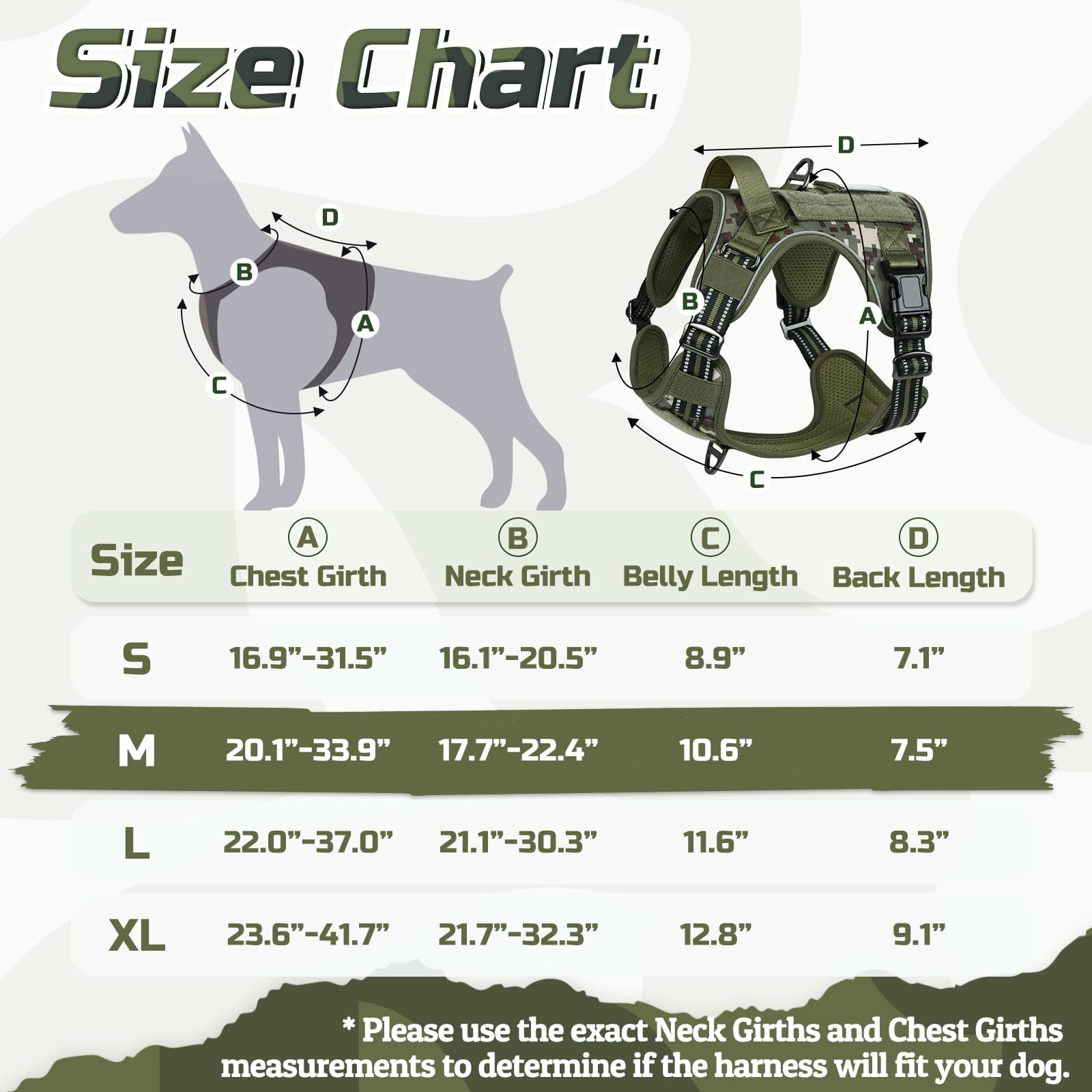 Rabbitgoo tactical dog harness back view in green camo for comfortable control during training