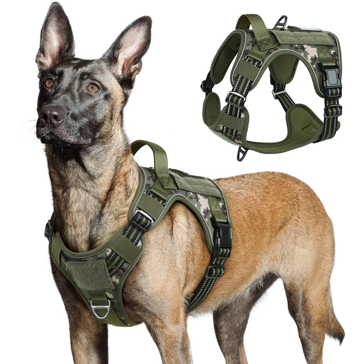 Rabbitgoo Tactical Harness front view in green camo improves control during outdoor training.