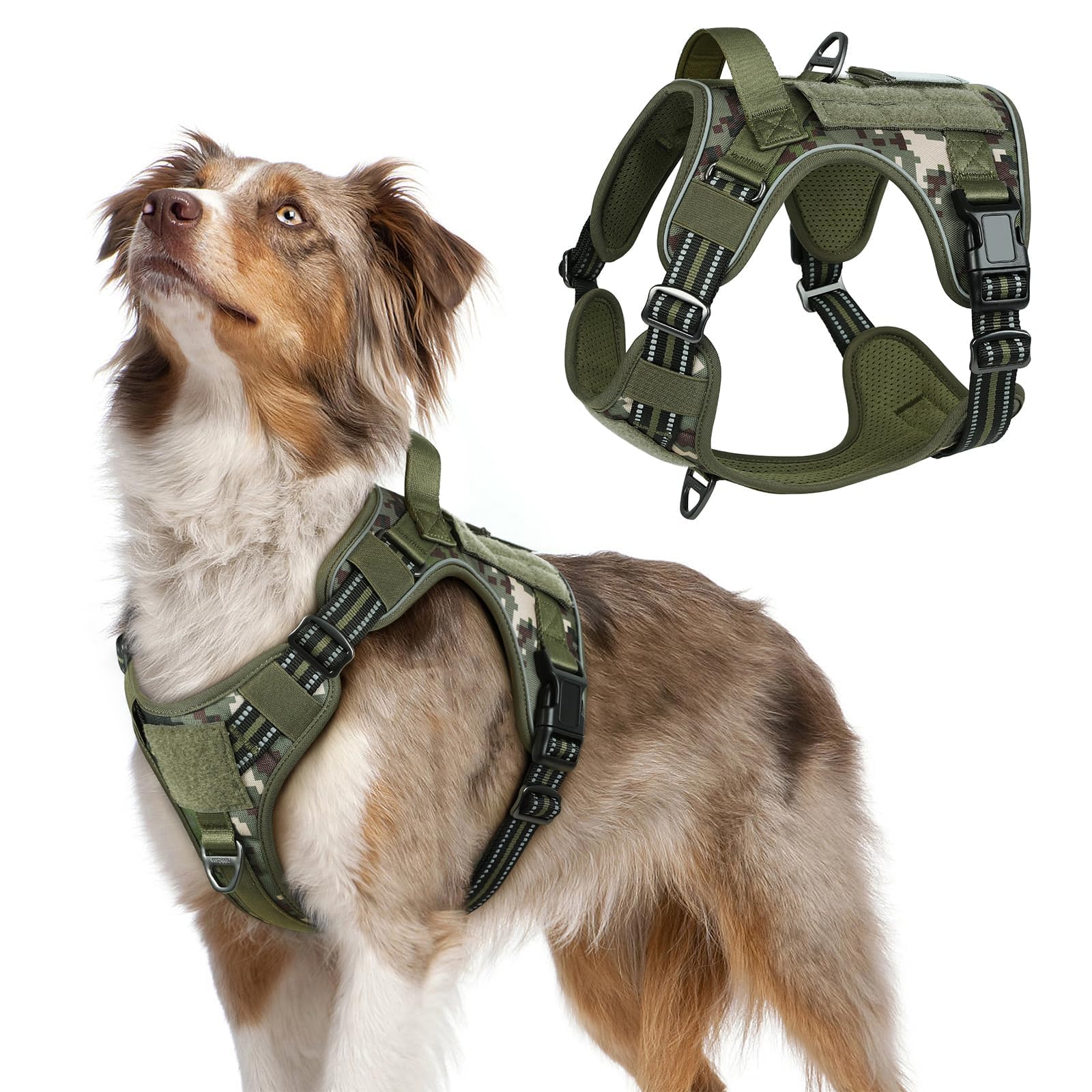 Rabbitgoo tactical dog harness front view in green camo for secure daily walks
