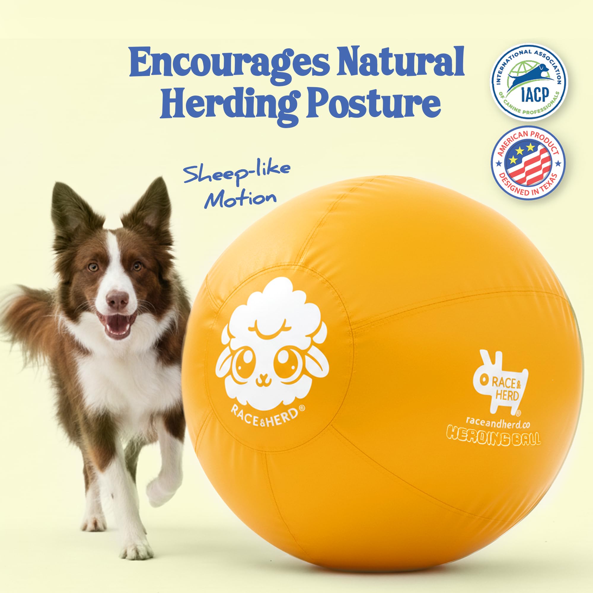Race&Herd 22in XXL Herding Ball yellow dog fetch action in outdoor yard.
