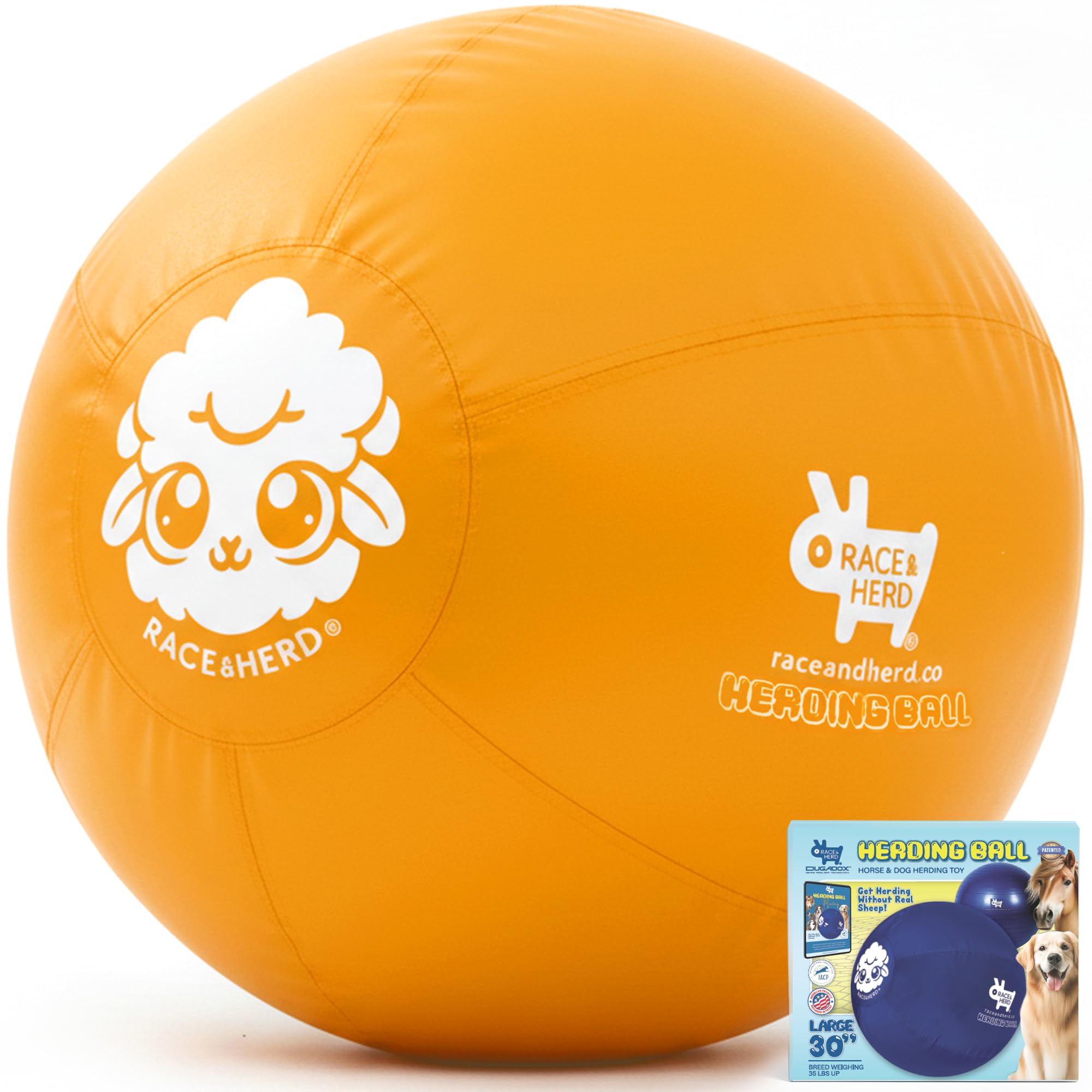 Race&Herd 30-inch XXL Herding Ball in side view for large breed fetch.