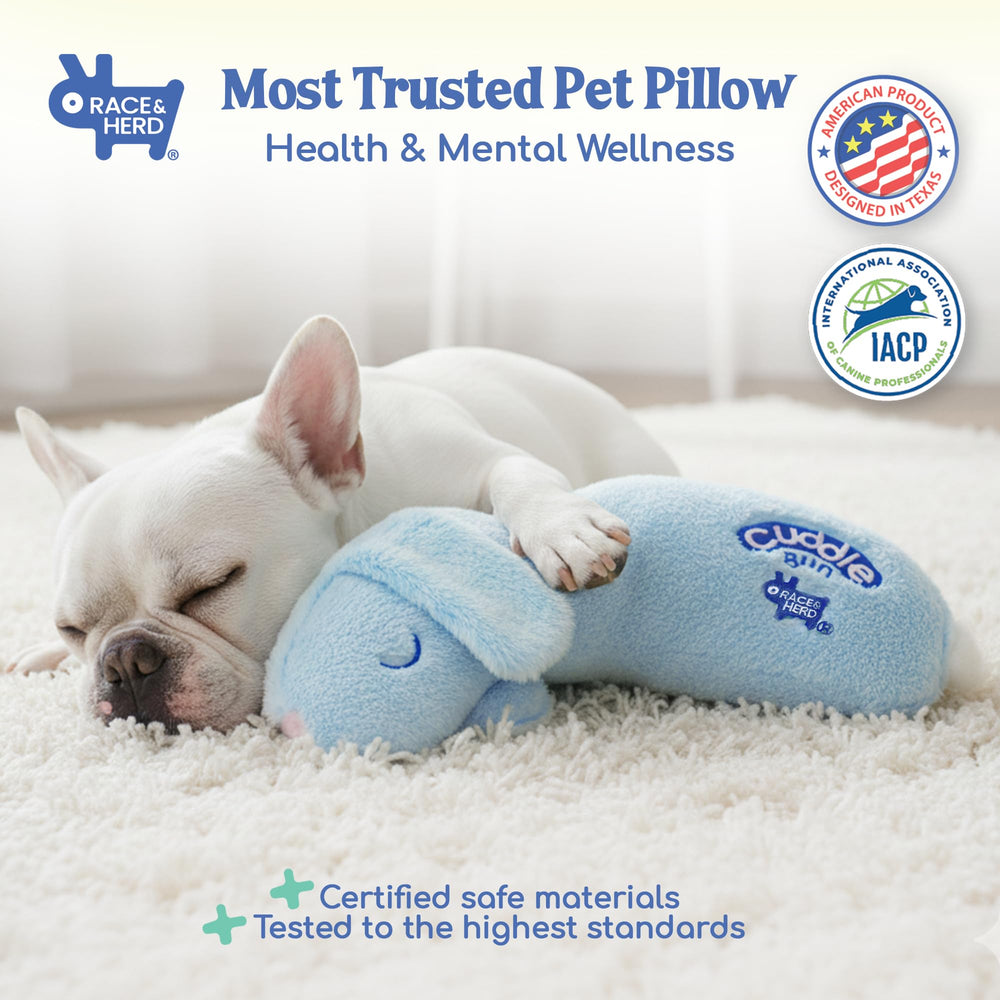 Race&Herd CuddleBun blue plush pillow highlighting orthopedic neck support for deeper rest