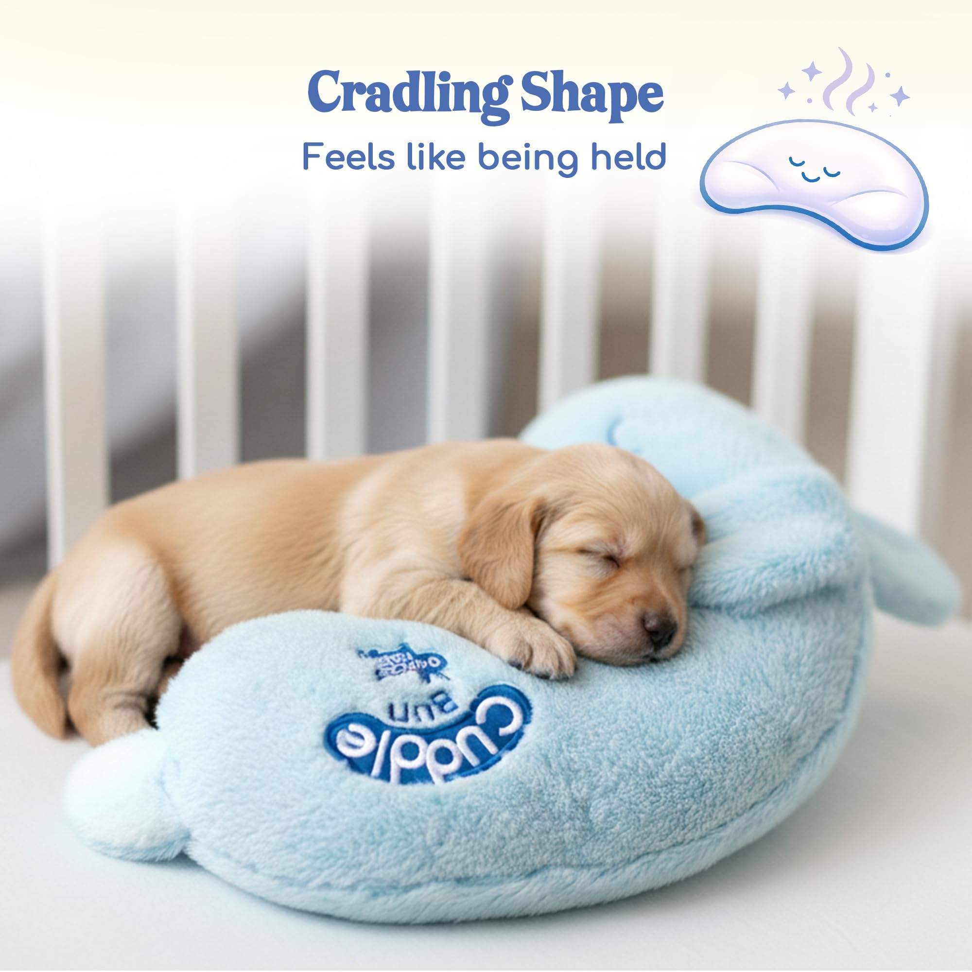 Race&Herd CuddleBun puppy snuggle image demonstrates stress-relief potential during bedtime