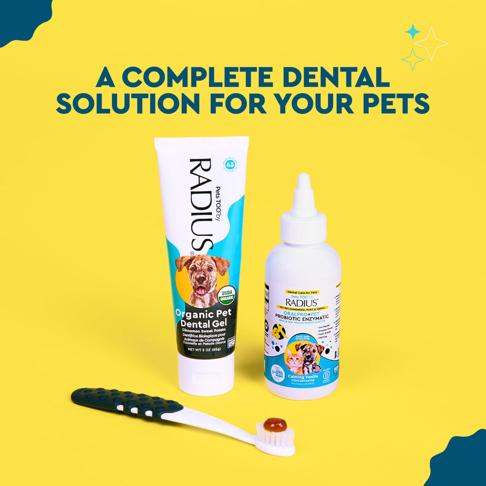 Radius toothpaste tube beside dog toothbrush on countertop