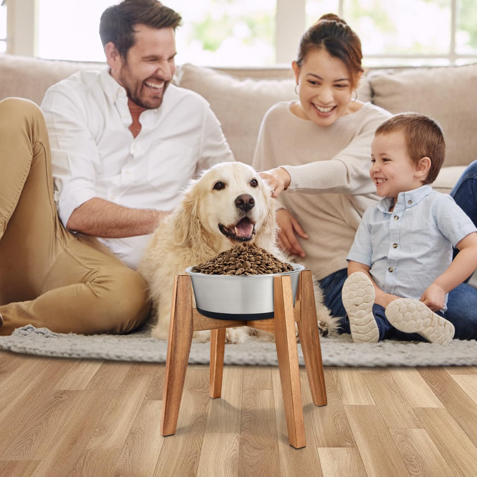 Rainbleland acacia-wood-dog-feeding-station assembled on floor blends with home décor.