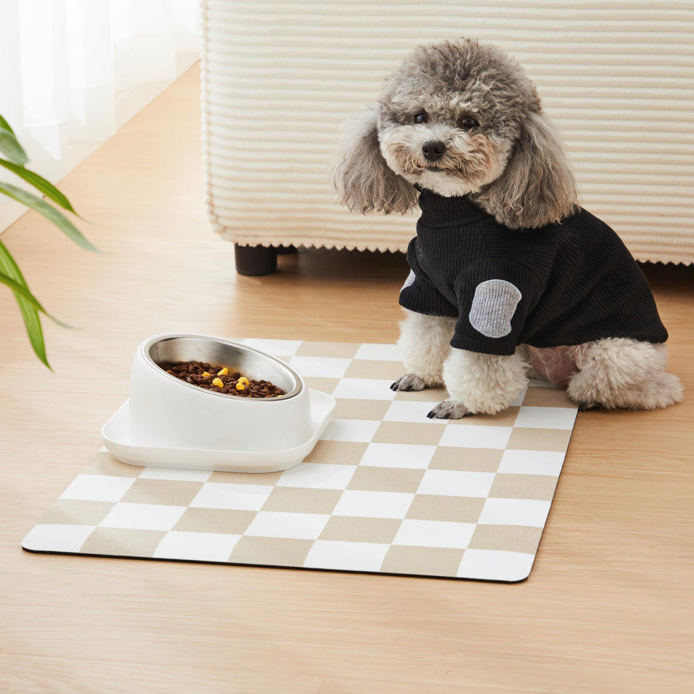 Ralxion checkered dog feeding mat with anti-slip backing for stability.