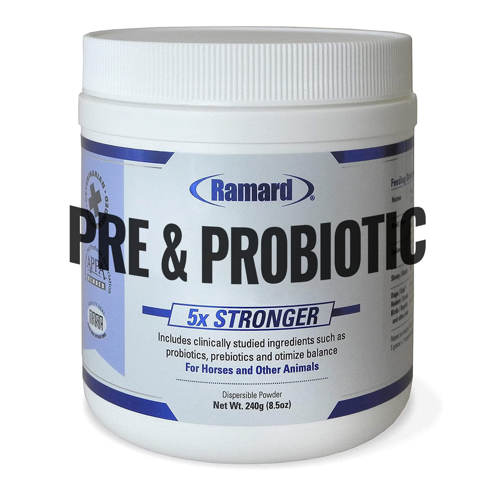 Ramard Total Prebiotic & Probiotic powder in a jar supports digestive balance for horses