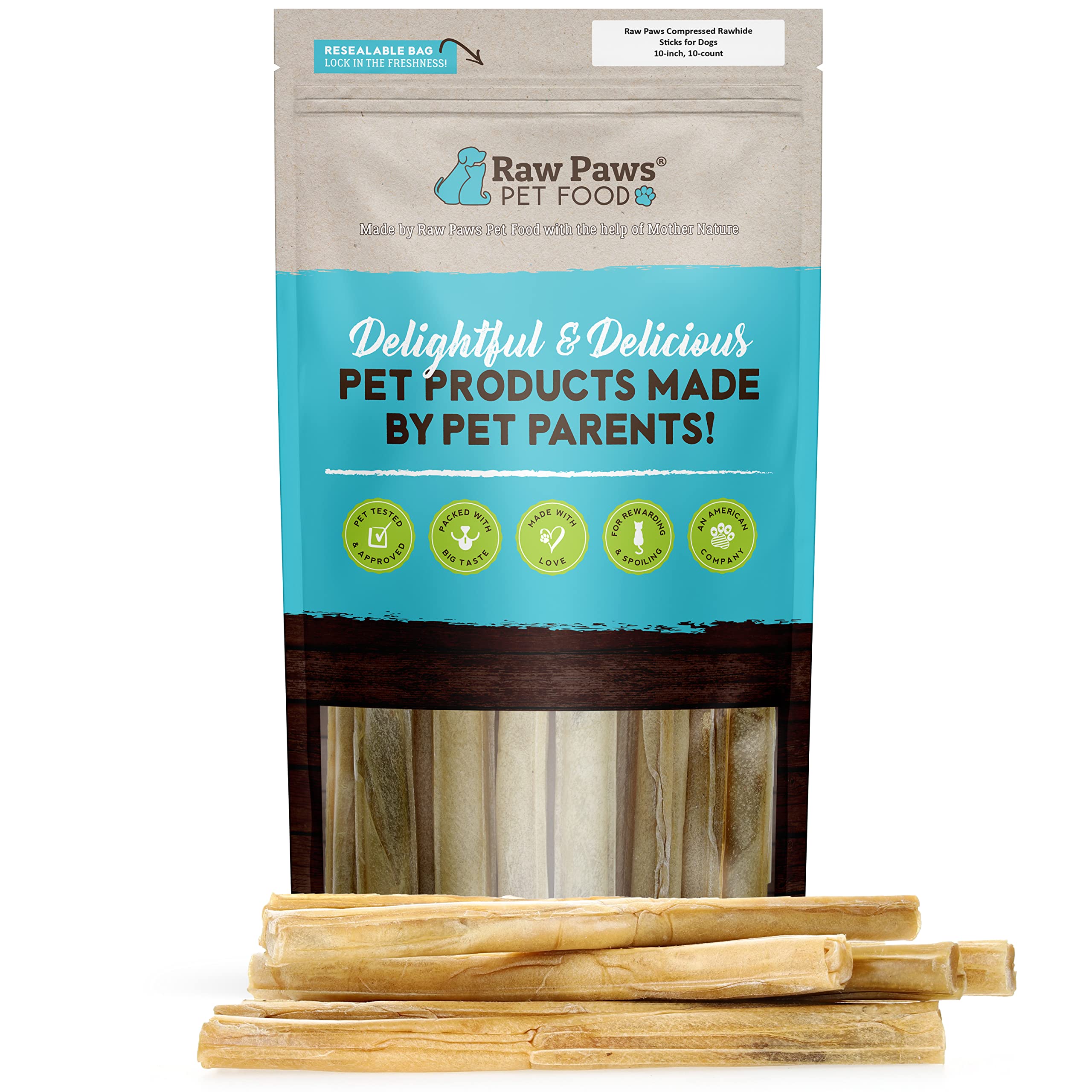Raw Paws 10-inch rawhide sticks in a pack shot for long-lasting chews