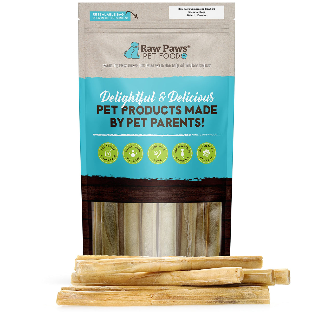 Raw Paws 10-inch rawhide sticks in a pack shot for long-lasting chews