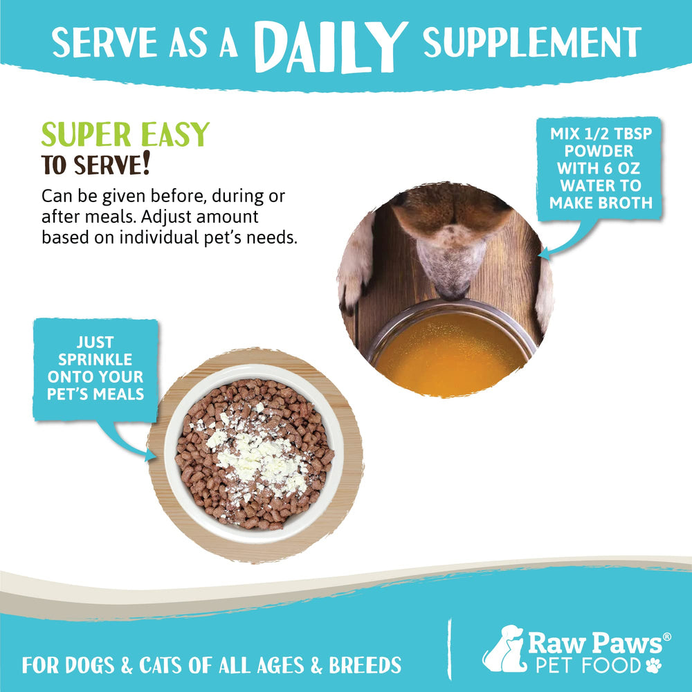 Raw Paws bone broth powder sprinkled on meals as a topping for pets.
