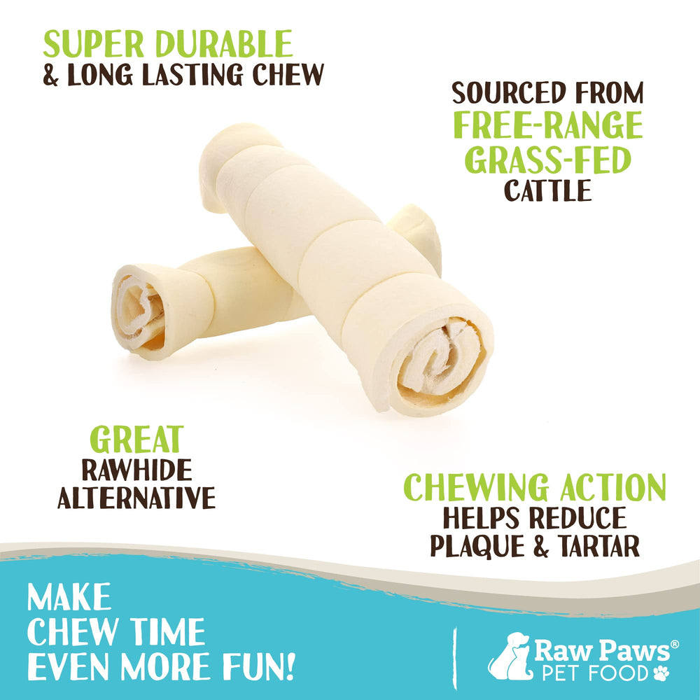 Raw Paws beef cheek rolls being chewed, a safer rawhide alternative