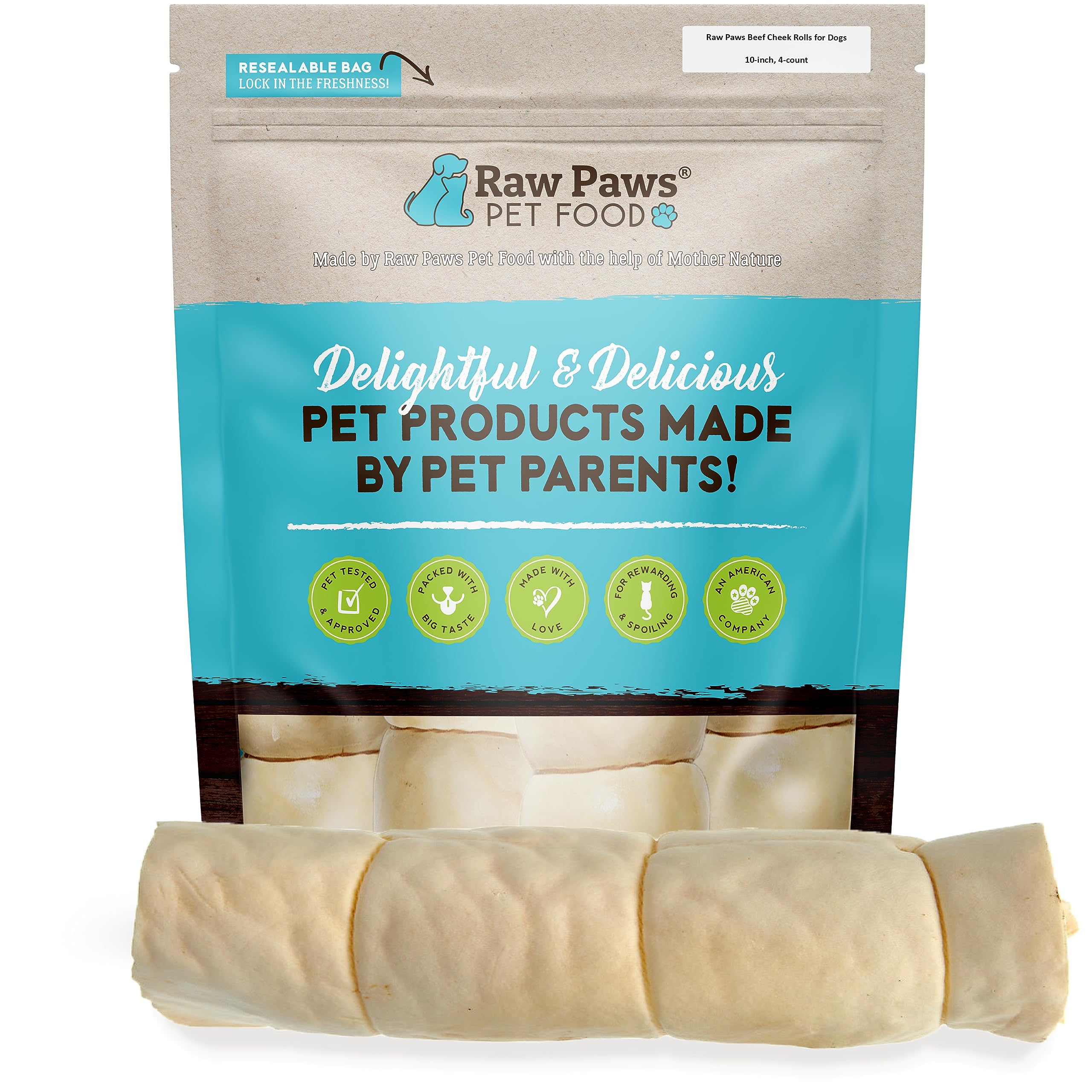 Raw Paws beef cheek rolls large 10-inch pack, all-natural treat