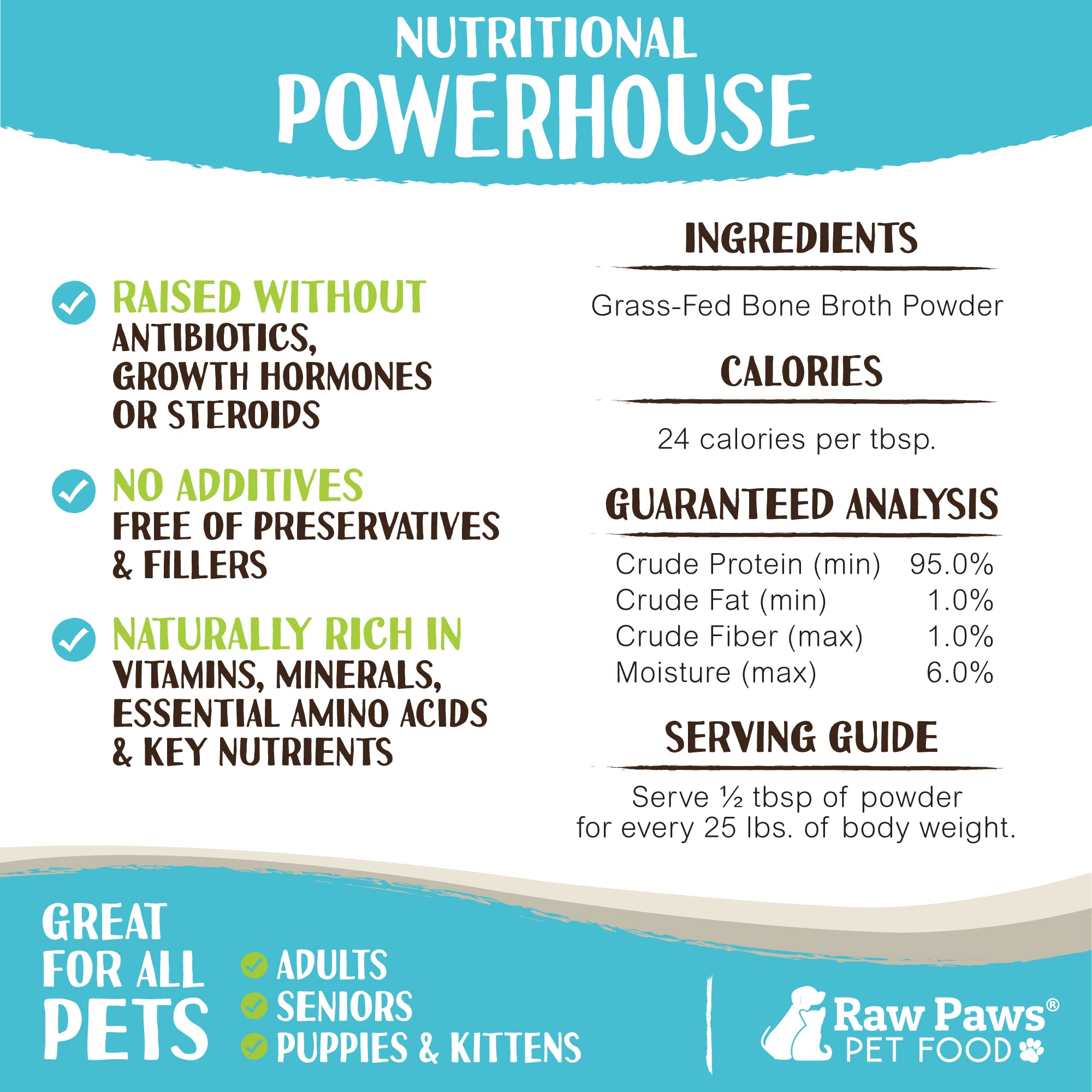 Raw Paws bone broth powder as gravy topper on dry food for meals.