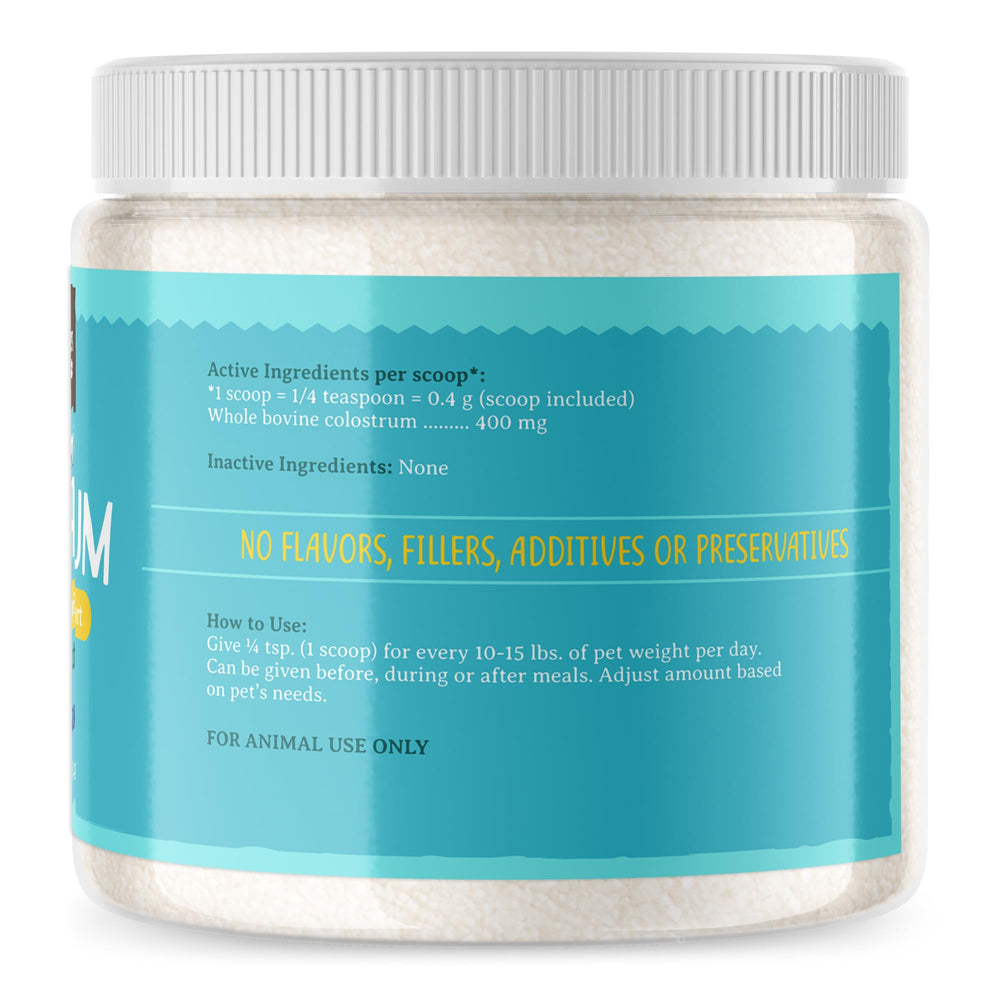 Raw Paws bovine colostrum being poured for dogs, easy serving